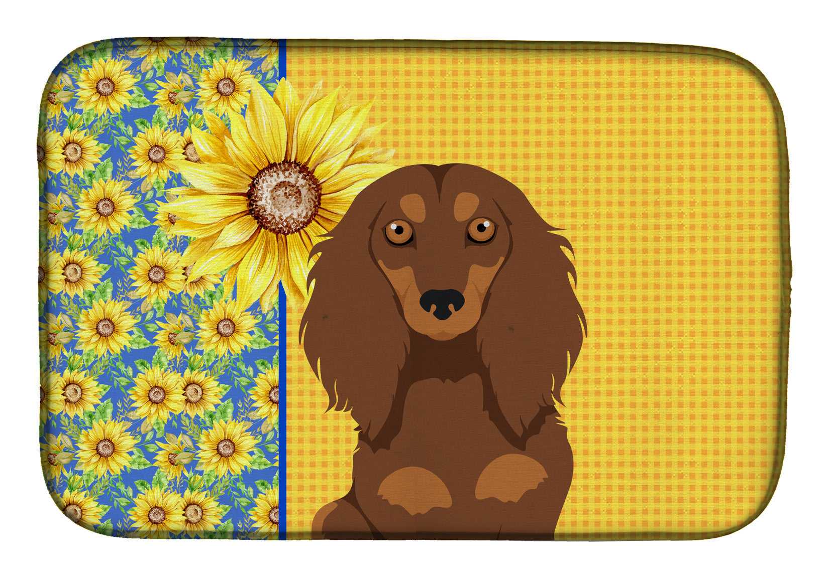 Summer Sunflowers Longhair Chocolate and Tan Dachshund Dish Drying Mat Absorbent Dish Drying Mat Pad for Kitchen Counter Dish Drainer Mat for Countertop, 14 x 21", Multicolor