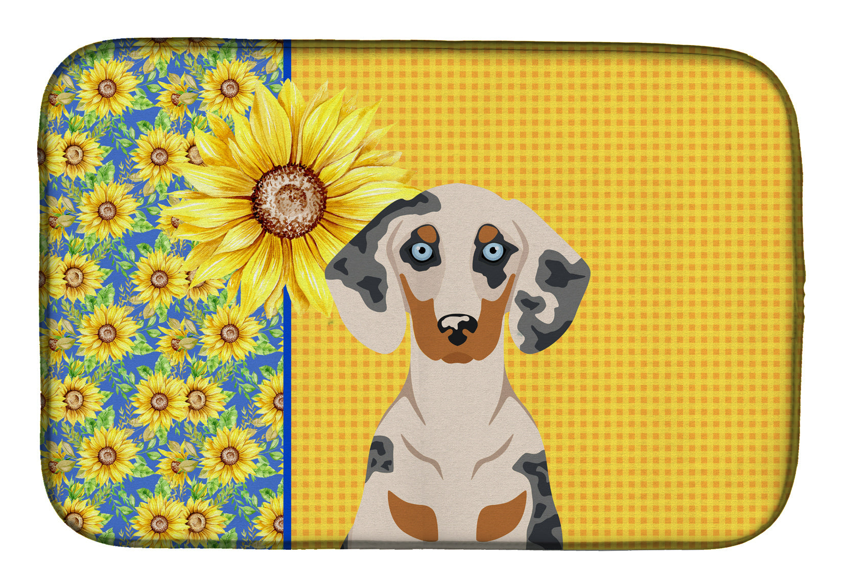 Summer Sunflowers Cream Dapple Dachshund Dish Drying Mat Absorbent Dish Drying Mat Pad for Kitchen Counter Dish Drainer Mat for Countertop, 14 x 21", Multicolor