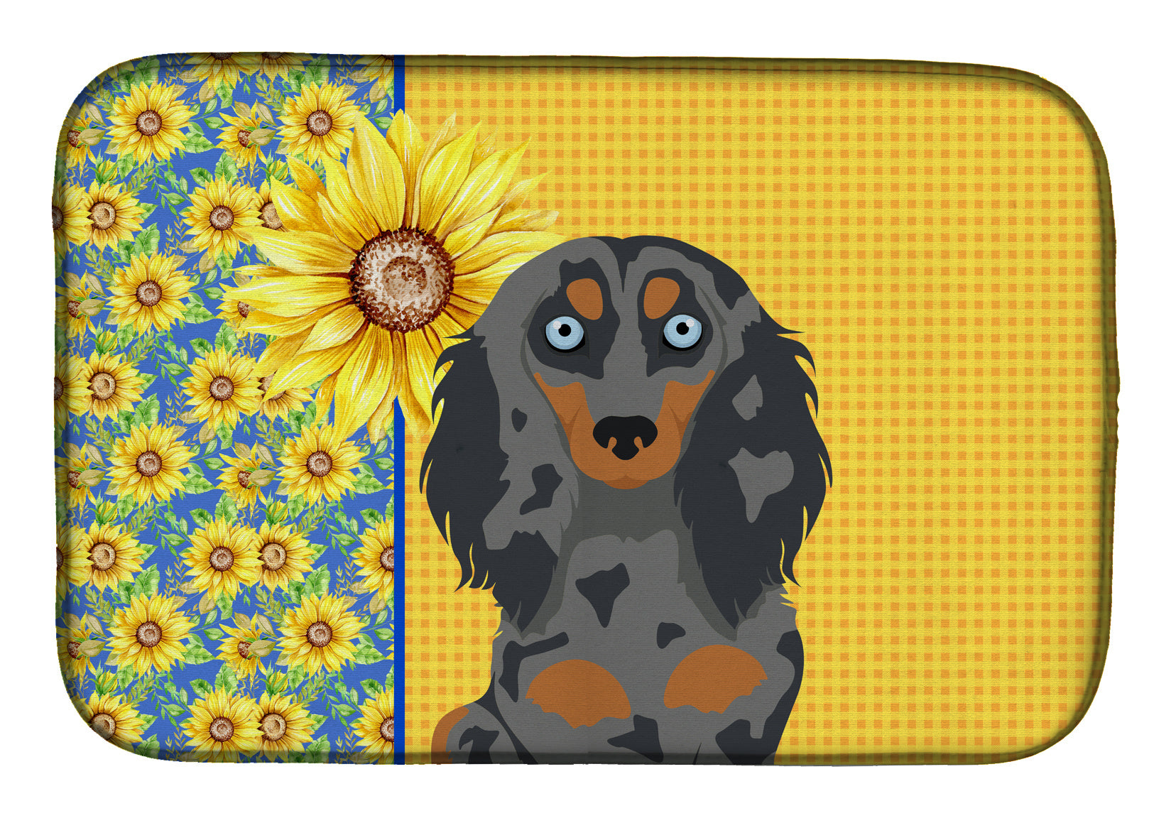 Summer Sunflowers Longhair Blue and Tan Dapple Dachshund Dish Drying Mat Absorbent Dish Drying Mat Pad for Kitchen Counter Dish Drainer Mat for Countertop, 14 x 21", Multicolor