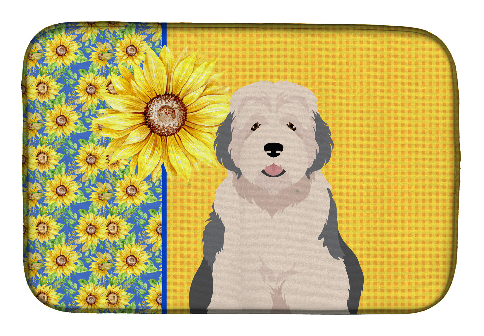 Summer Sunflowers Old English Sheepdog Dish Drying Mat Absorbent Dish Drying Mat Pad for Kitchen Counter Dish Drainer Mat for Countertop, 14 x 21", Multicolor