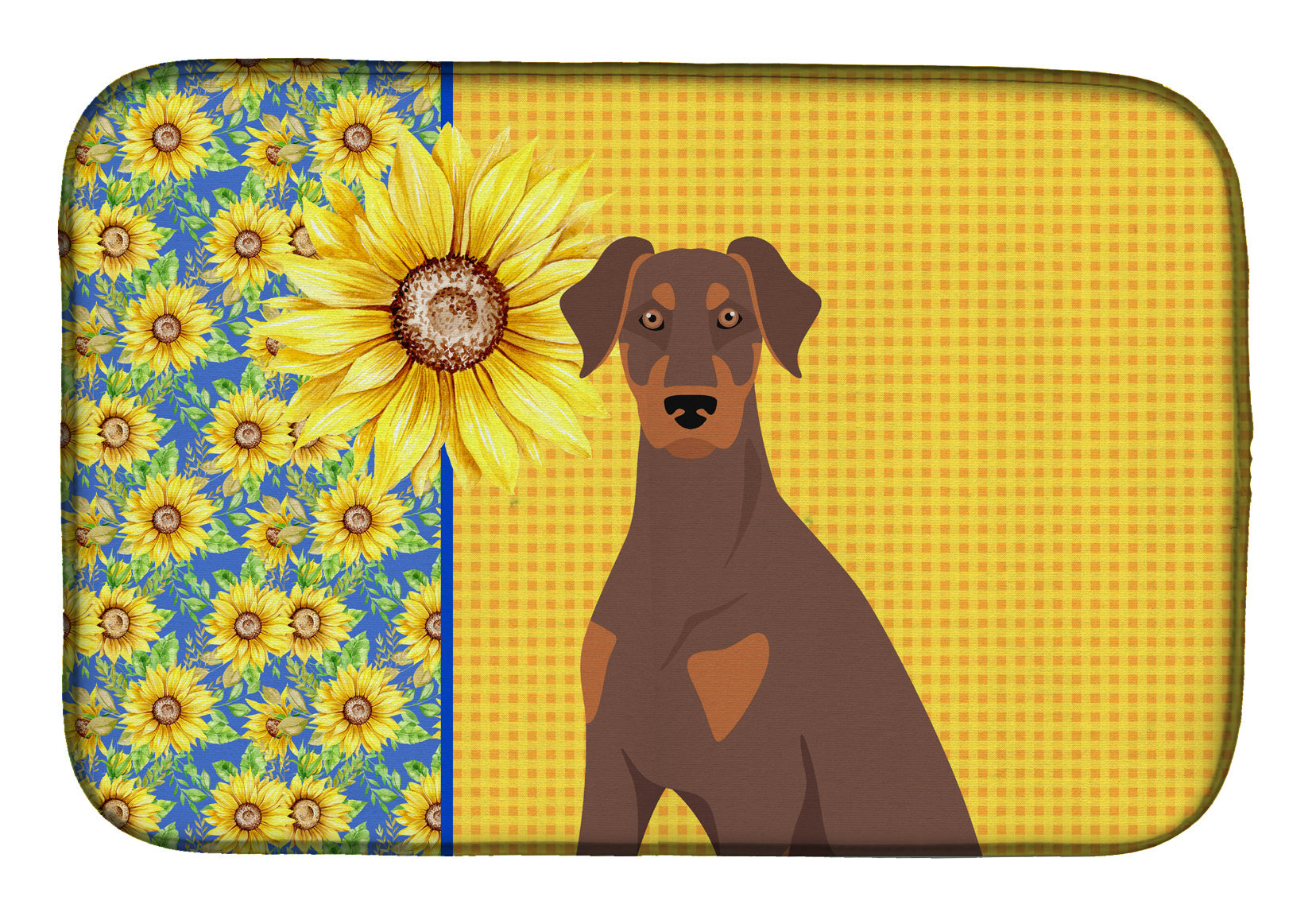 Summer Sunflowers Natural Ear Red and Tan Doberman Pinscher Dish Drying Mat Absorbent Dish Drying Mat Pad for Kitchen Counter Dish Drainer Mat for Countertop, 14 x 21", Multicolor