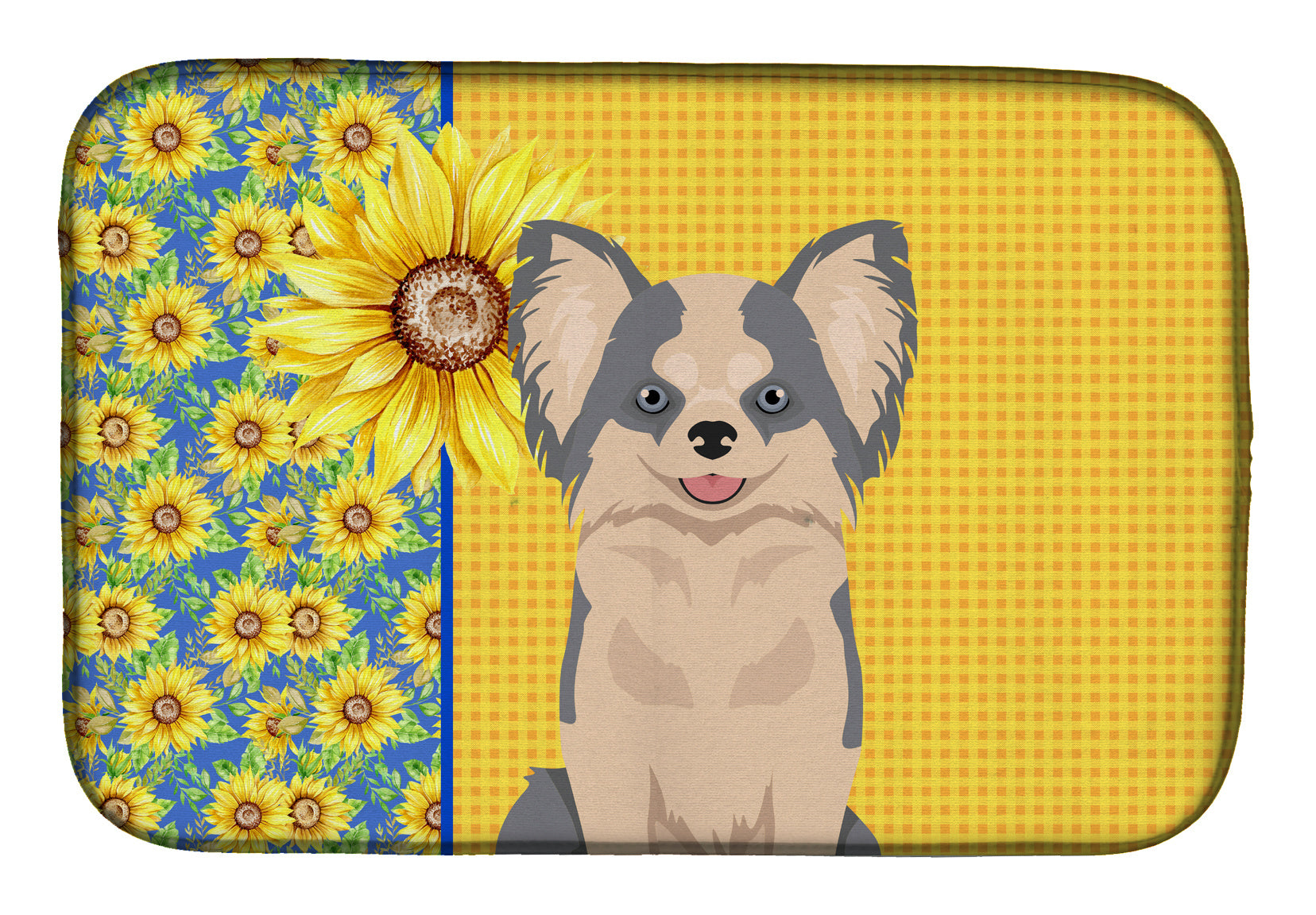 Summer Sunflowers Longhaired Blue and White Chihuahua Dish Drying Mat Absorbent Dish Drying Mat Pad for Kitchen Counter Dish Drainer Mat for Countertop, 14 x 21", Multicolor