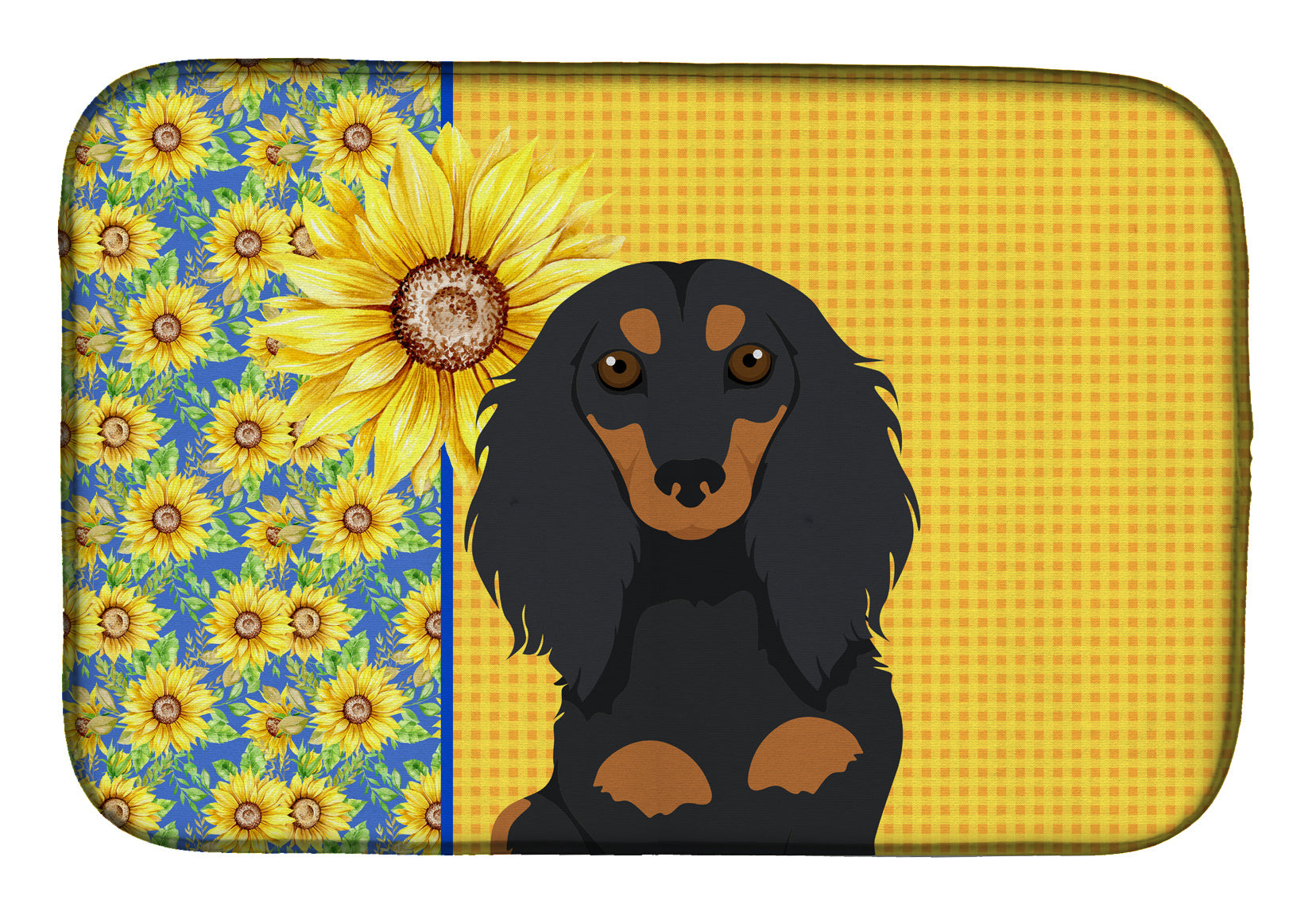 Summer Sunflowers Longhair Black and Tan Dachshund Dish Drying Mat Absorbent Dish Drying Mat Pad for Kitchen Counter Dish Drainer Mat for Countertop, 14 x 21", Multicolor