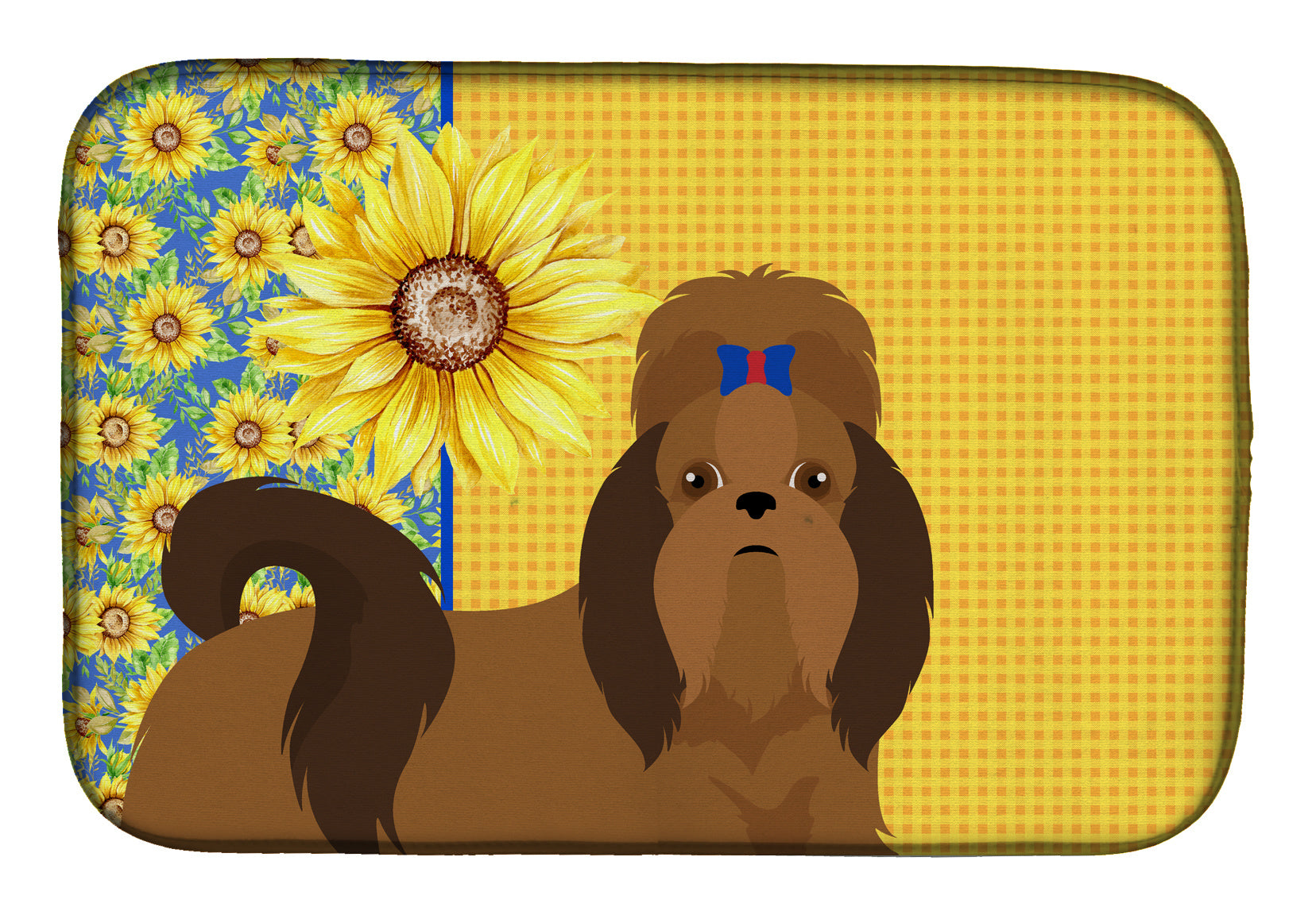 Summer Sunflowers Red Shih Tzu Dish Drying Mat Absorbent Dish Drying Mat Pad for Kitchen Counter Dish Drainer Mat for Countertop, 14 x 21", Multicolor