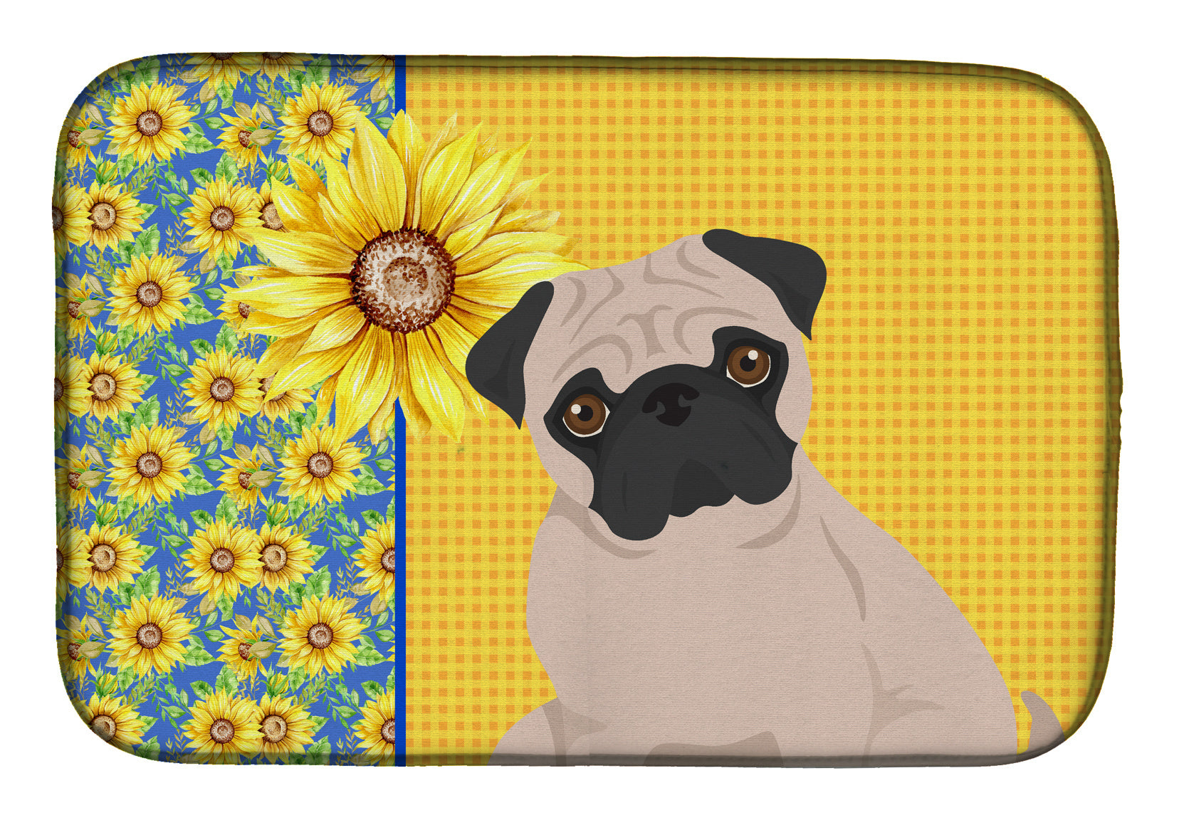 Summer Sunflowers Fawn Pug Dish Drying Mat Absorbent Dish Drying Mat Pad for Kitchen Counter Dish Drainer Mat for Countertop, 14 x 21", Multicolor