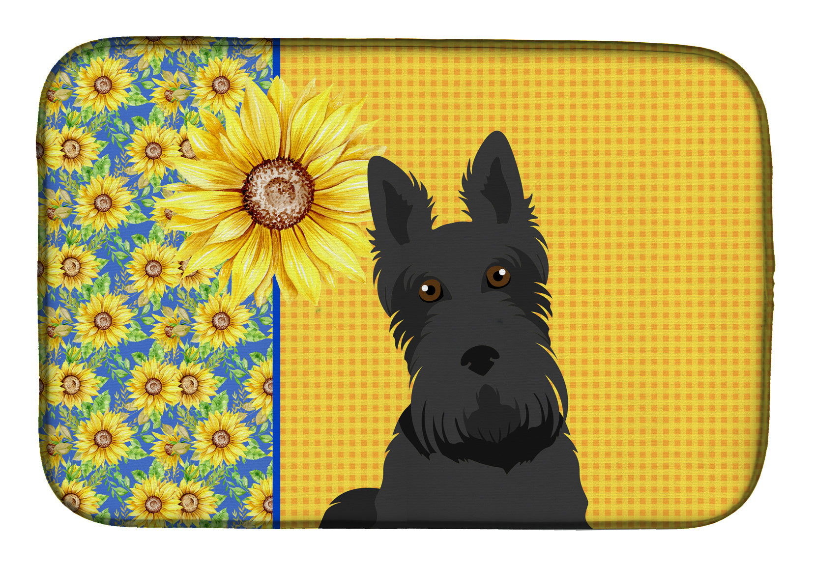 Summer Sunflowers Black Scottish Terrier Dish Drying Mat Absorbent Dish Drying Mat Pad for Kitchen Counter Dish Drainer Mat for Countertop, 14 x 21", Multicolor