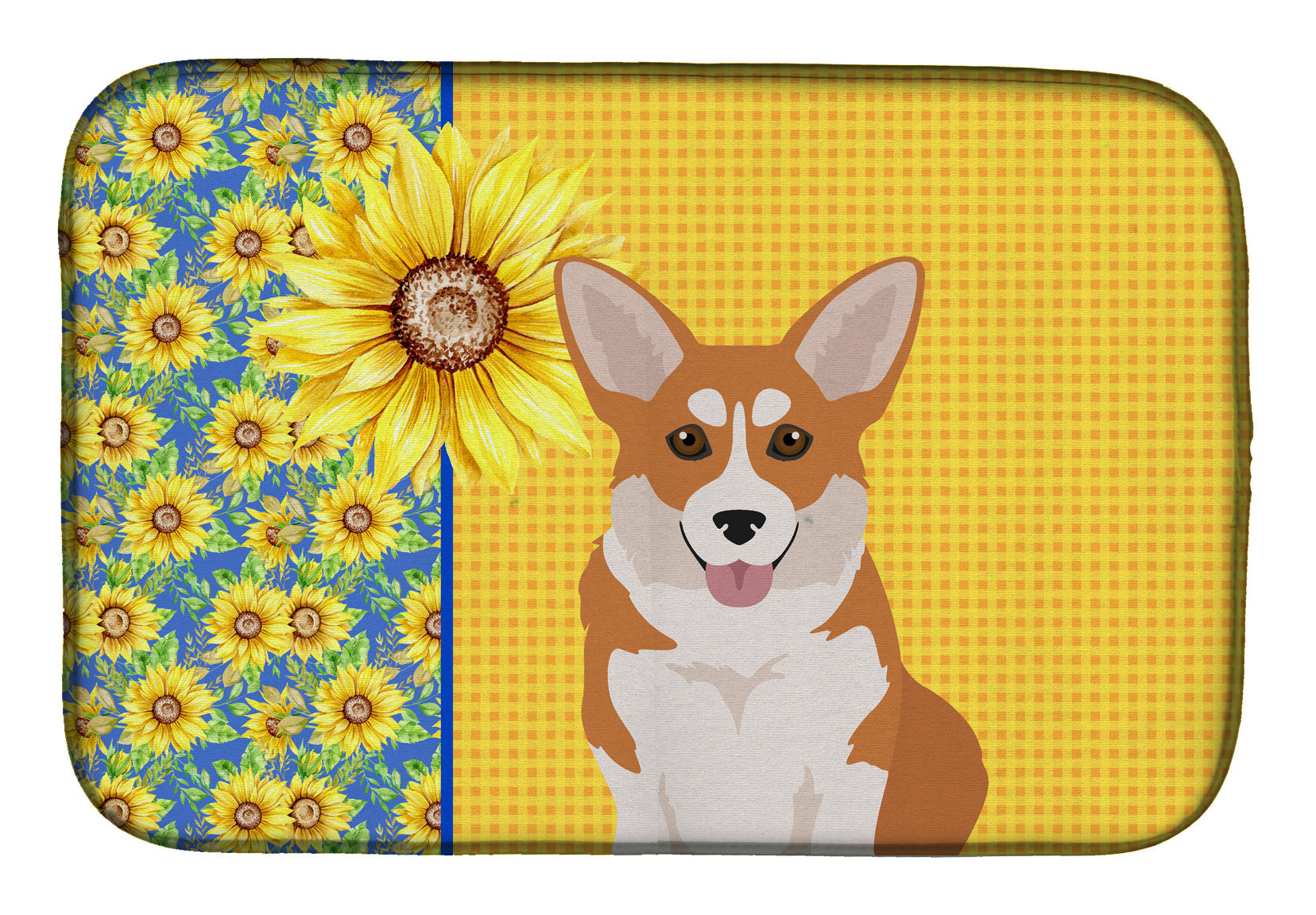 Summer Sunflowers Red Pembroke Corgi Dish Drying Mat Absorbent Dish Drying Mat Pad for Kitchen Counter Dish Drainer Mat for Countertop, 14 x 21", Multicolor