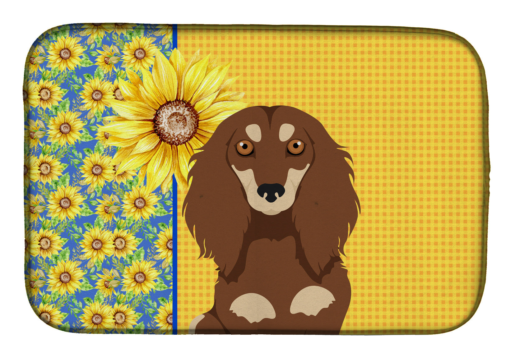 Summer Sunflowers Longhair Chocolate and Cream Dachshund Dish Drying Mat Absorbent Dish Drying Mat Pad for Kitchen Counter Dish Drainer Mat for Countertop, 14 x 21", Multicolor