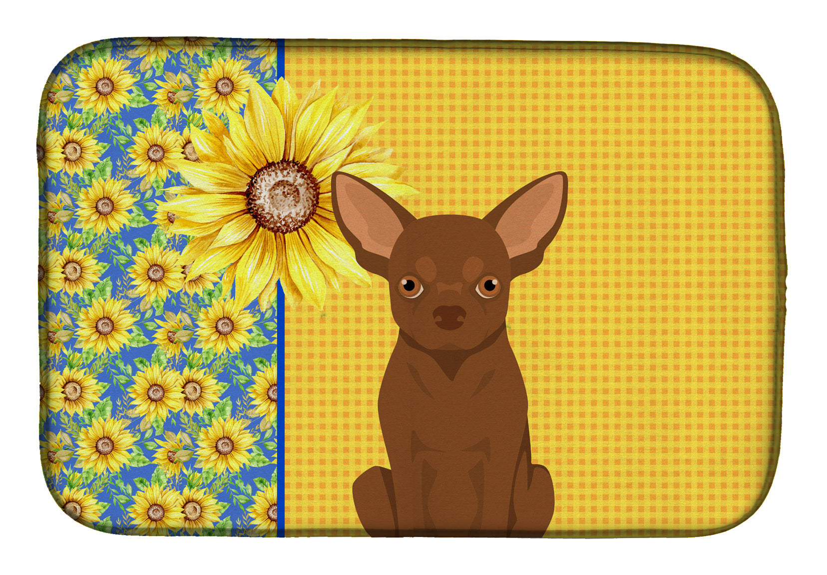 Summer Sunflowers Chocolate Chihuahua Dish Drying Mat Absorbent Dish Drying Mat Pad for Kitchen Counter Dish Drainer Mat for Countertop, 14 x 21", Multicolor