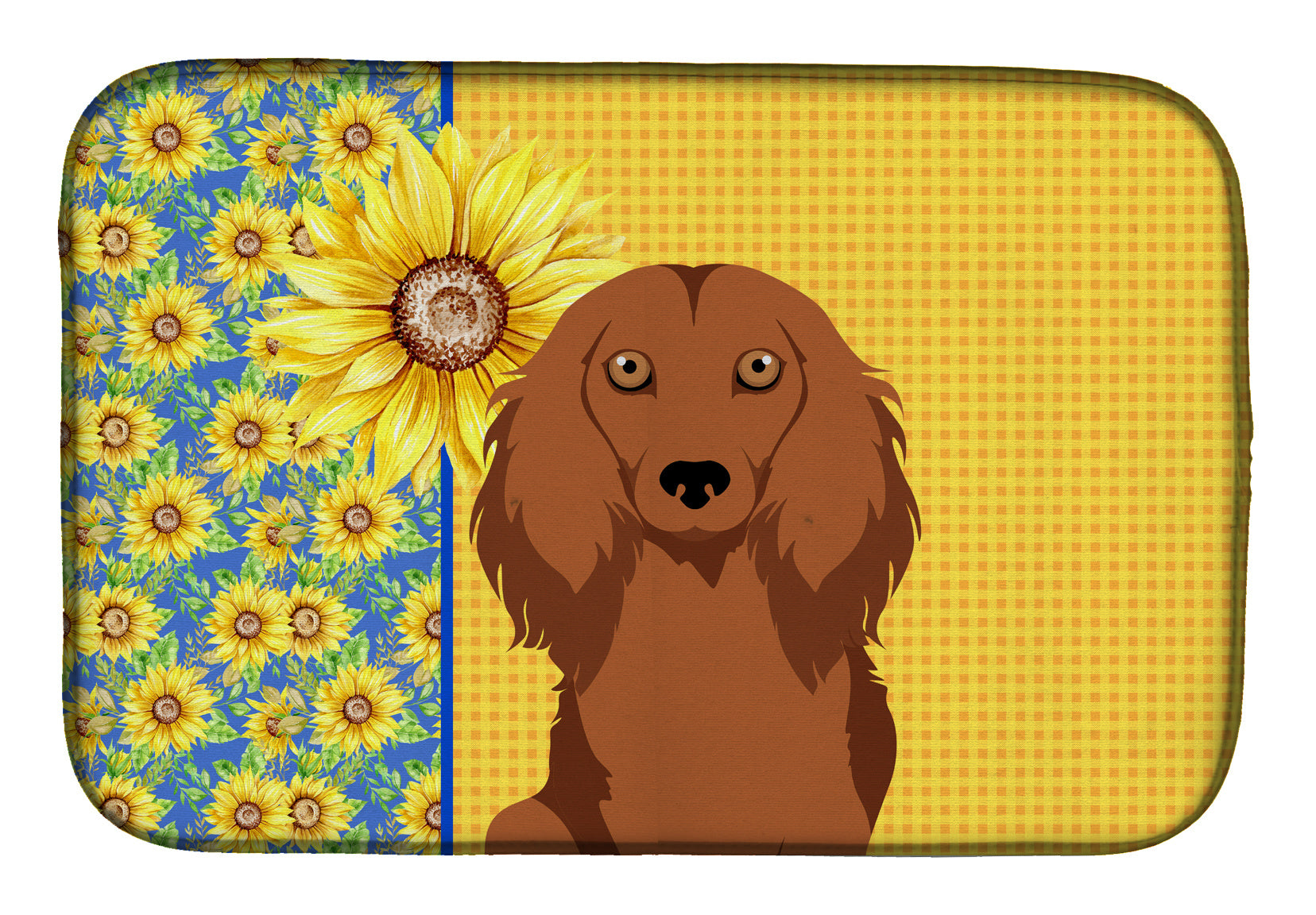 Summer Sunflowers Longhair Red Dachshund Dish Drying Mat Absorbent Dish Drying Mat Pad for Kitchen Counter Dish Drainer Mat for Countertop, 14 x 21", Multicolor