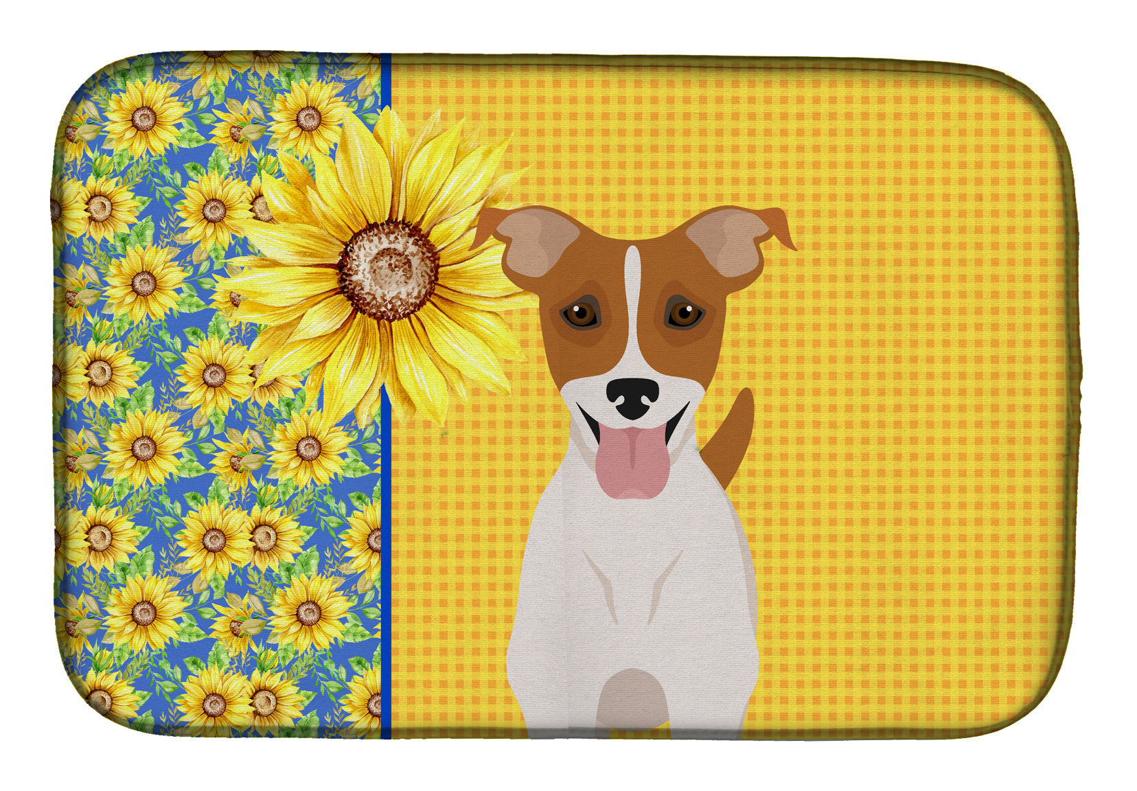 Summer Sunflowers Brown White Smooth Jack Russell Terrier Dish Drying Mat Absorbent Dish Drying Mat Pad for Kitchen Counter Dish Drainer Mat for Countertop, 14 x 21", Multicolor