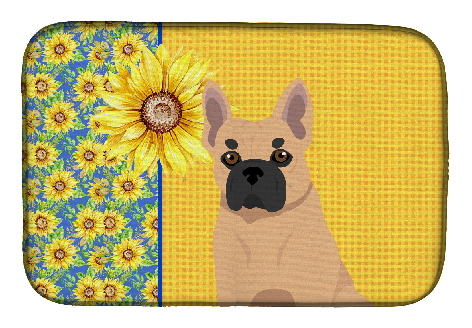 Summer Sunflowers Fawn French Bulldog Dish Drying Mat Absorbent Dish Drying Mat Pad for Kitchen Counter Dish Drainer Mat for Countertop, 14 x 21", Multicolor