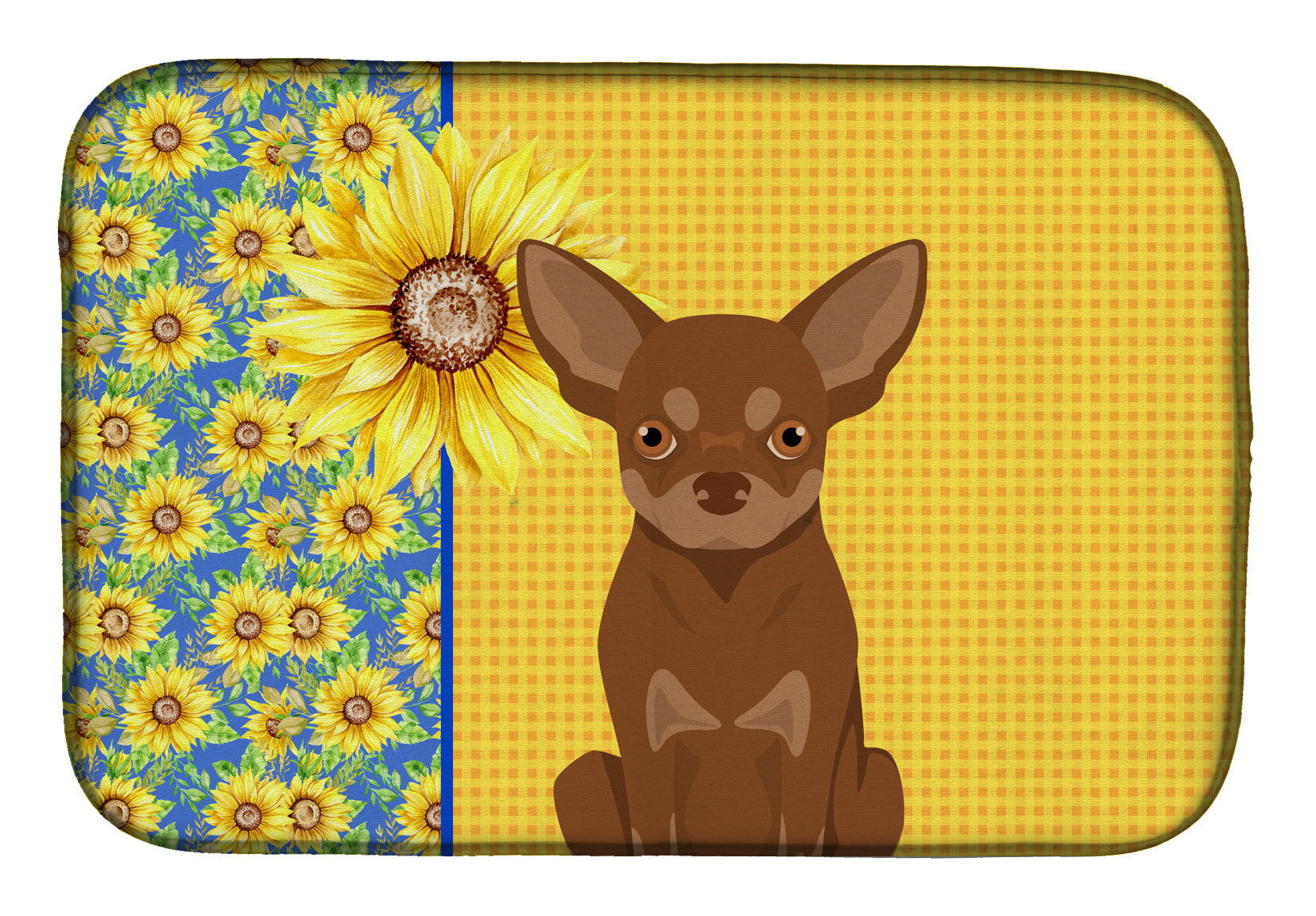 Summer Sunflowers Chocolate and Tan Chihuahua Dish Drying Mat Absorbent Dish Drying Mat Pad for Kitchen Counter Dish Drainer Mat for Countertop, 14 x 21", Multicolor