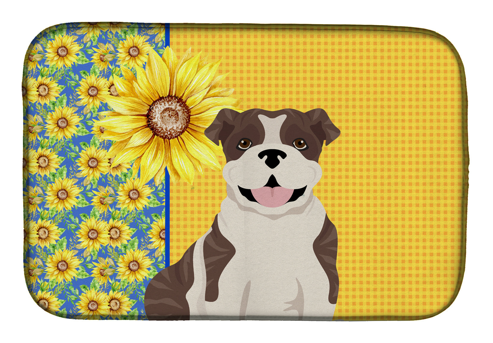 Summer Sunflowers Brindle English Bulldog Dish Drying Mat Absorbent Dish Drying Mat Pad for Kitchen Counter Dish Drainer Mat for Countertop, 14 x 21", Multicolor