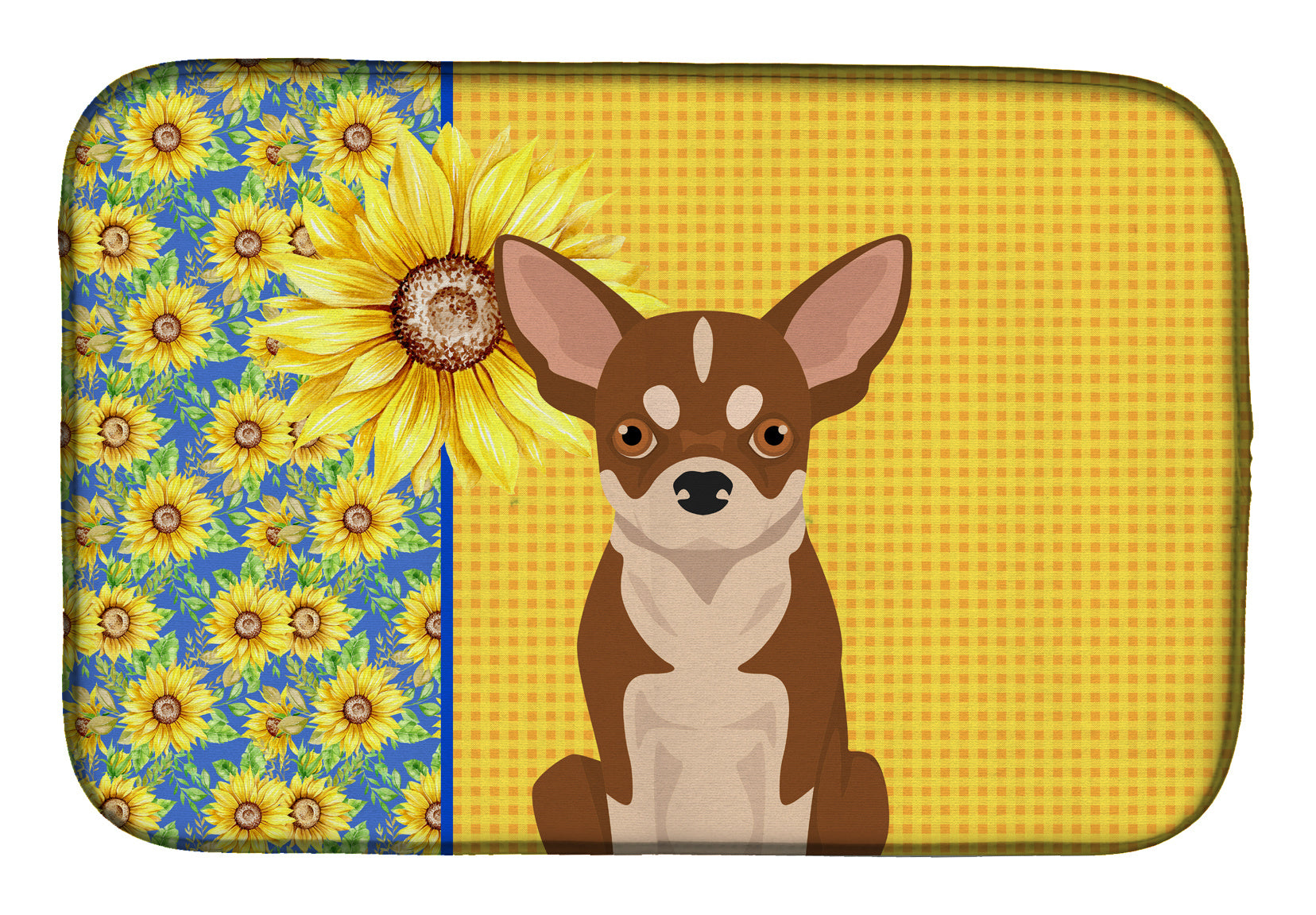 Summer Sunflowers Red and White Chihuahua Dish Drying Mat Absorbent Dish Drying Mat Pad for Kitchen Counter Dish Drainer Mat for Countertop, 14 x 21", Multicolor