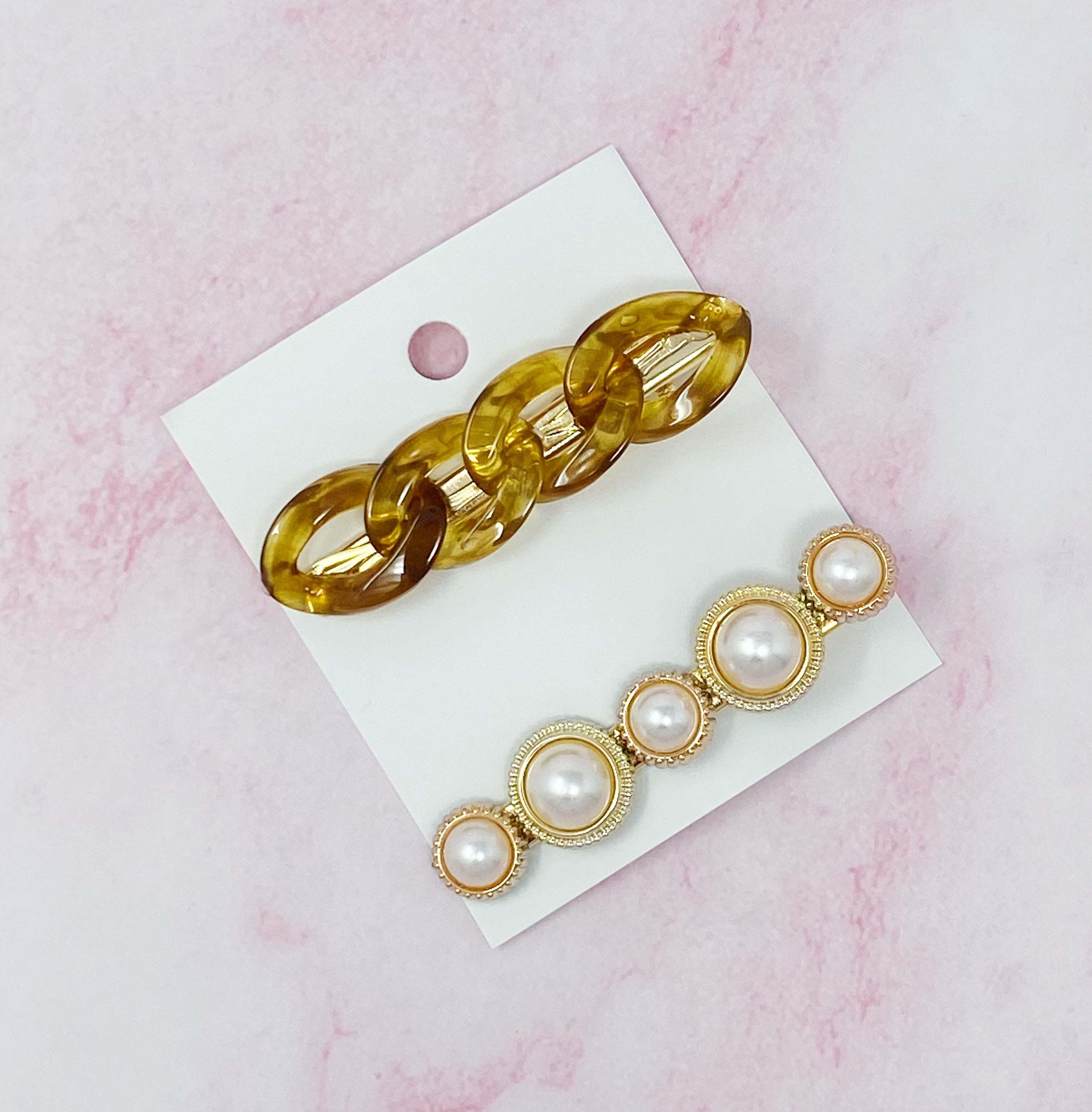 Marble Chain And Pearl Hair Clip Set