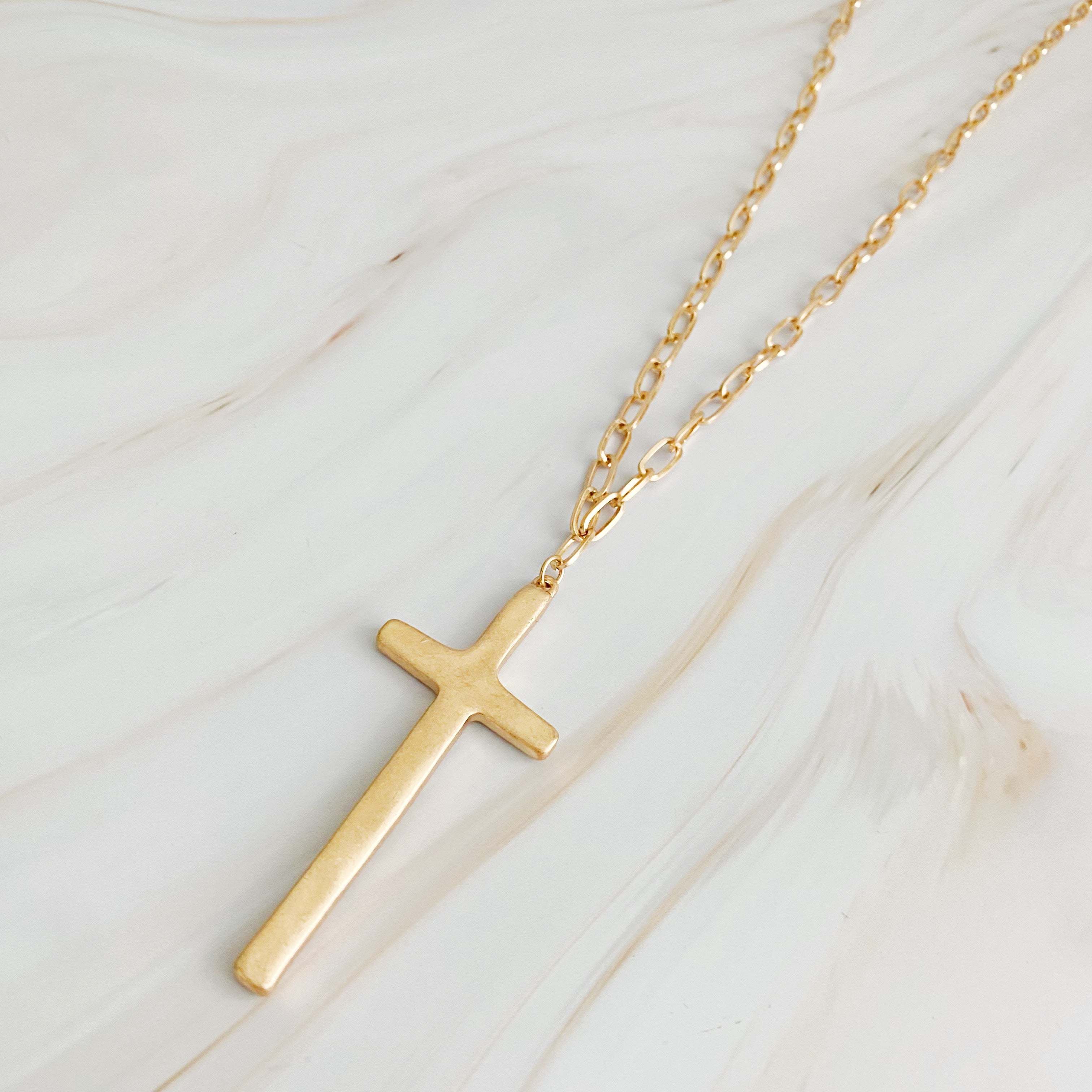 Hammered Cross Long Chain Necklace