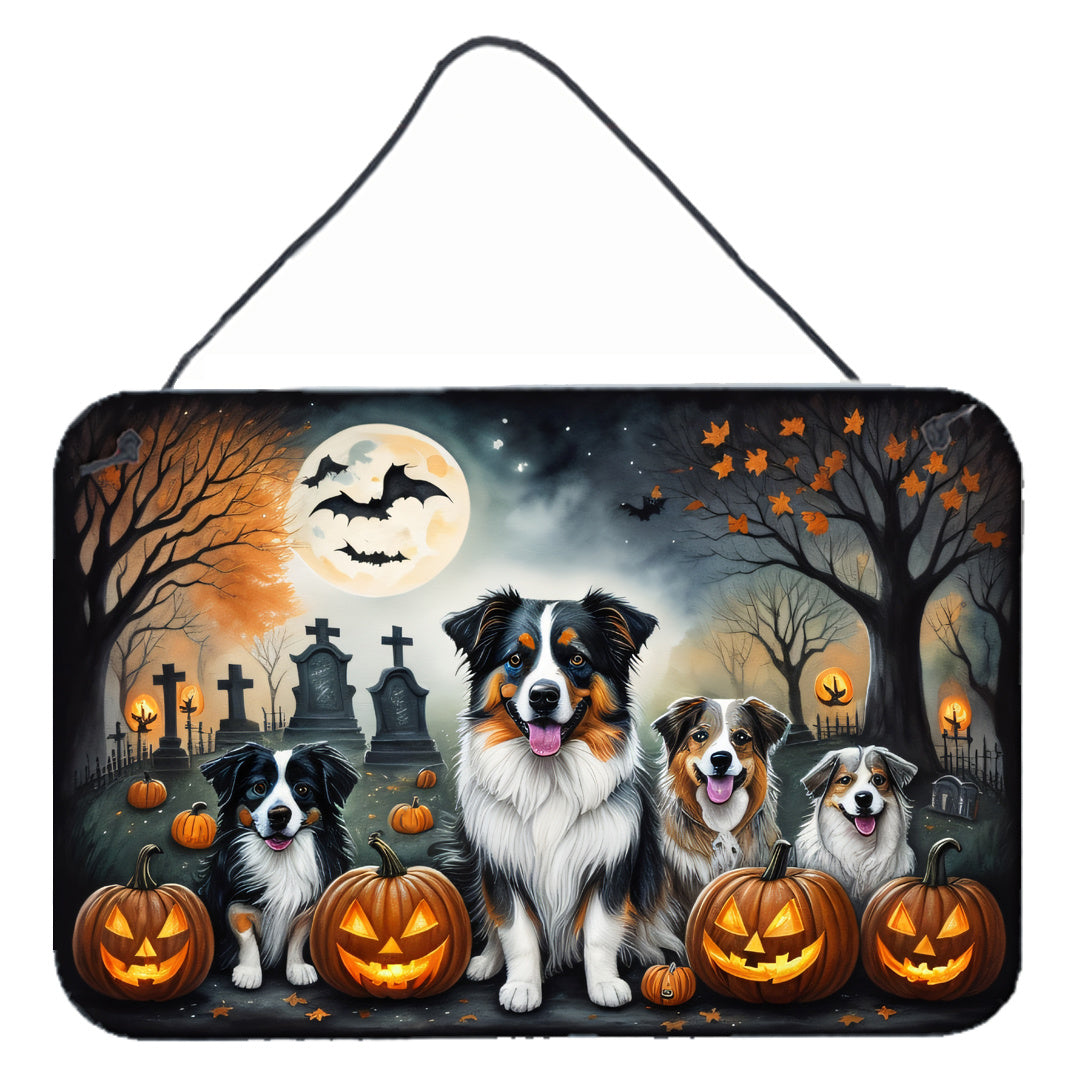 NEW Australian Shepherd Spooky Halloween Wall or Door Hanging Prints Aluminum Metal Sign Kitchen Wall Bar Bathroom Plaque Home Decor, 8HX12W, Multicolor