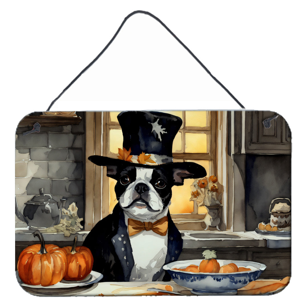 NEW Boston Terrier Fall Kitchen Pumpkins Wall or Door Hanging Prints Aluminum Metal Sign Kitchen Wall Bar Bathroom Plaque Home Decor, 8HX12W, Multicolor