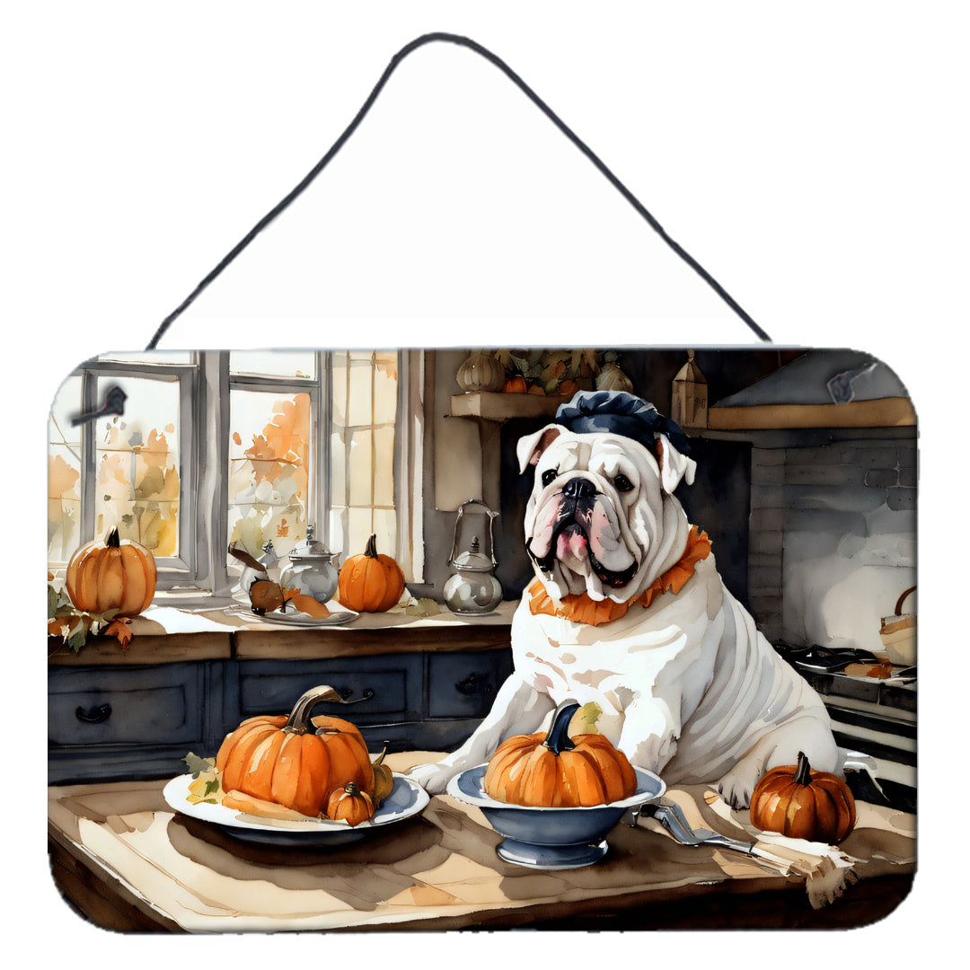 NEW English Bulldog Fall Kitchen Pumpkins Wall or Door Hanging Prints Aluminum Metal Sign Kitchen Wall Bar Bathroom Plaque Home Decor, 8HX12W, Multicolor