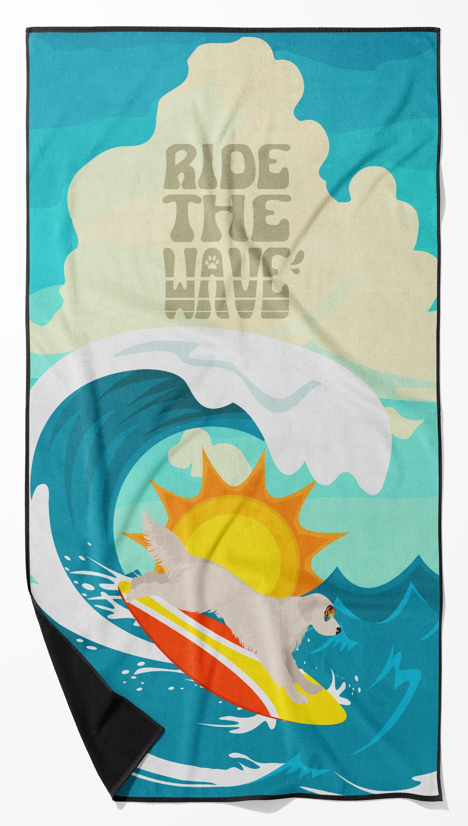 Surfer Dog Cream Golden Retriever Premium Beach Towel Oversized Towel Beach Blanket, Pool, Beach Essentials, Yoga, Premium Bath Towel, Quick Dry Plush