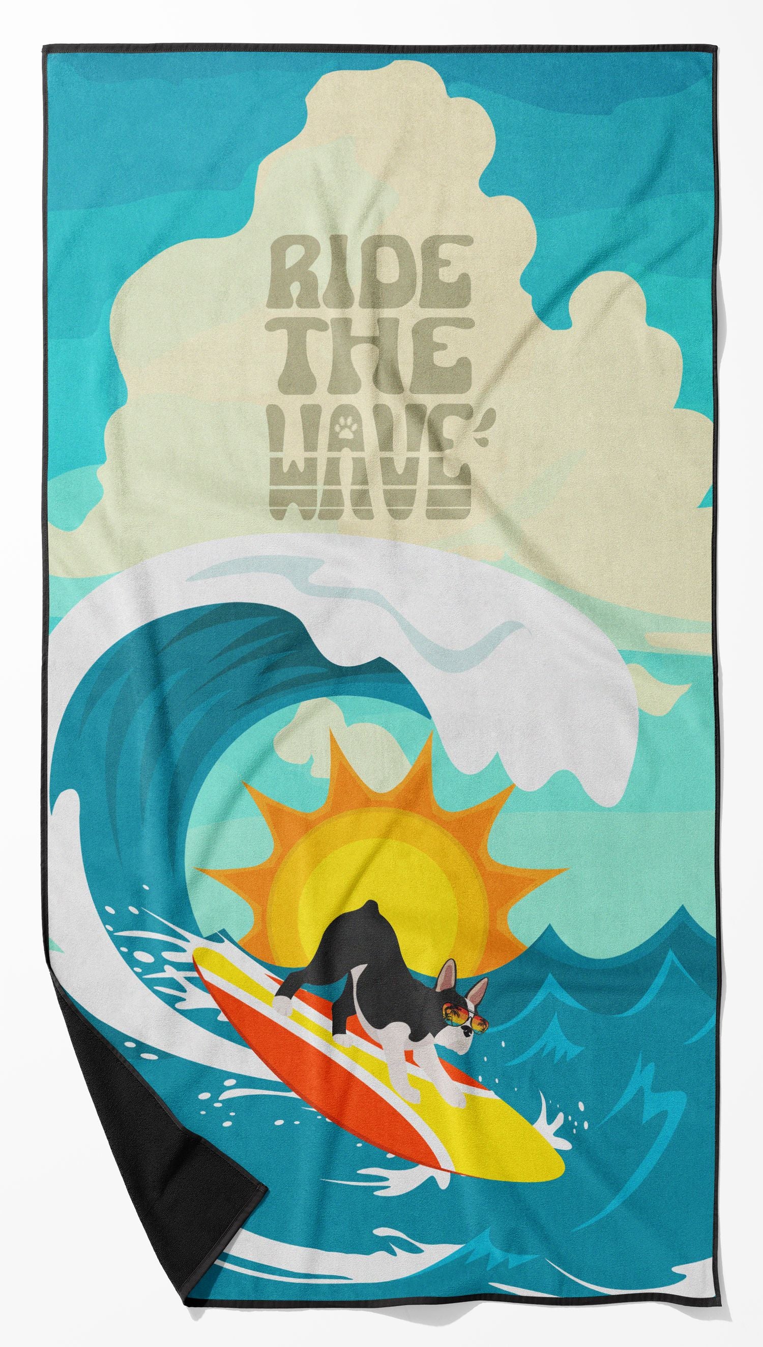 Surfer Dog Boston Terrier Premium Beach Towel Oversized Towel Beach Blanket, Pool, Beach Essentials, Yoga, Premium Bath Towel, Quick Dry Plush