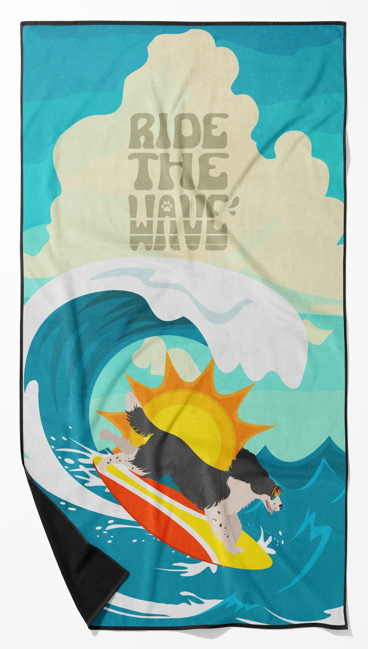 Surfer Dog Black English Springer Spaniel Premium Beach Towel Oversized Towel Beach Blanket, Pool, Beach Essentials, Yoga, Premium Bath Towel, Quick Dry Plush