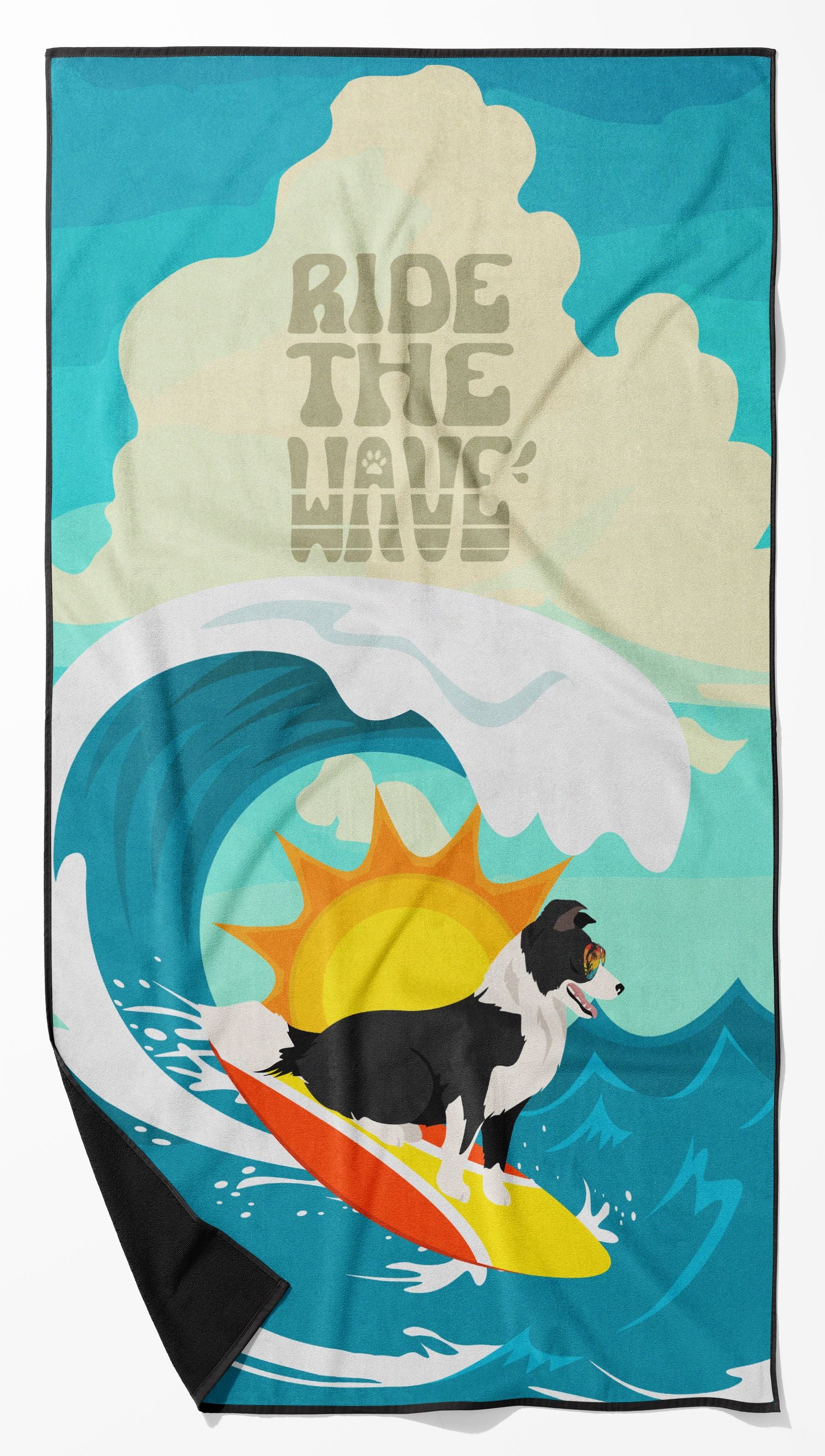 Surfer Dog Border Collie Premium Beach Towel Oversized Towel Beach Blanket, Pool, Beach Essentials, Yoga, Premium Bath Towel, Quick Dry Plush