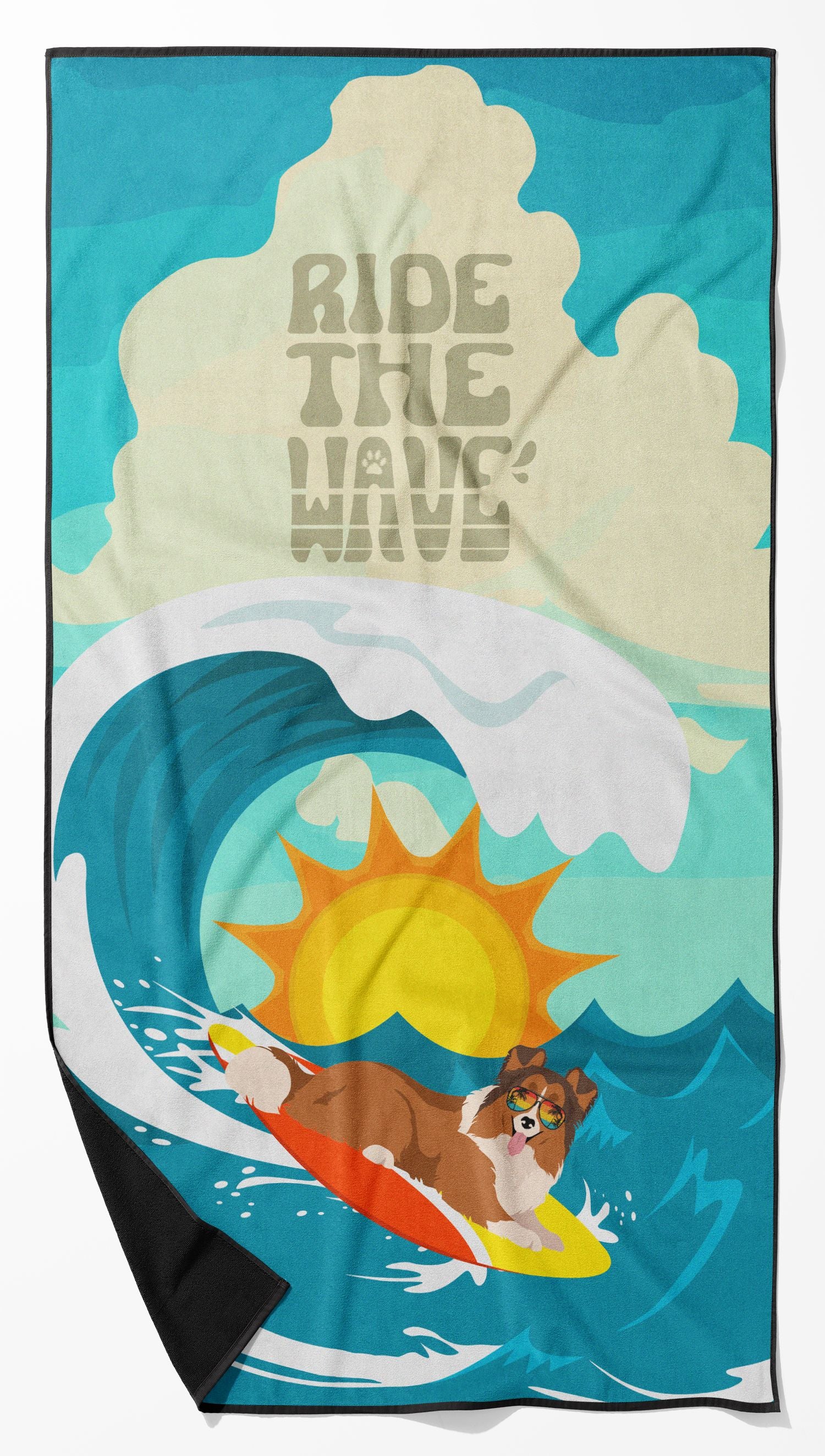 Surfer Dog Sable Sheltie Premium Beach Towel Oversized Towel Beach Blanket, Pool, Beach Essentials, Yoga, Premium Bath Towel, Quick Dry Plush