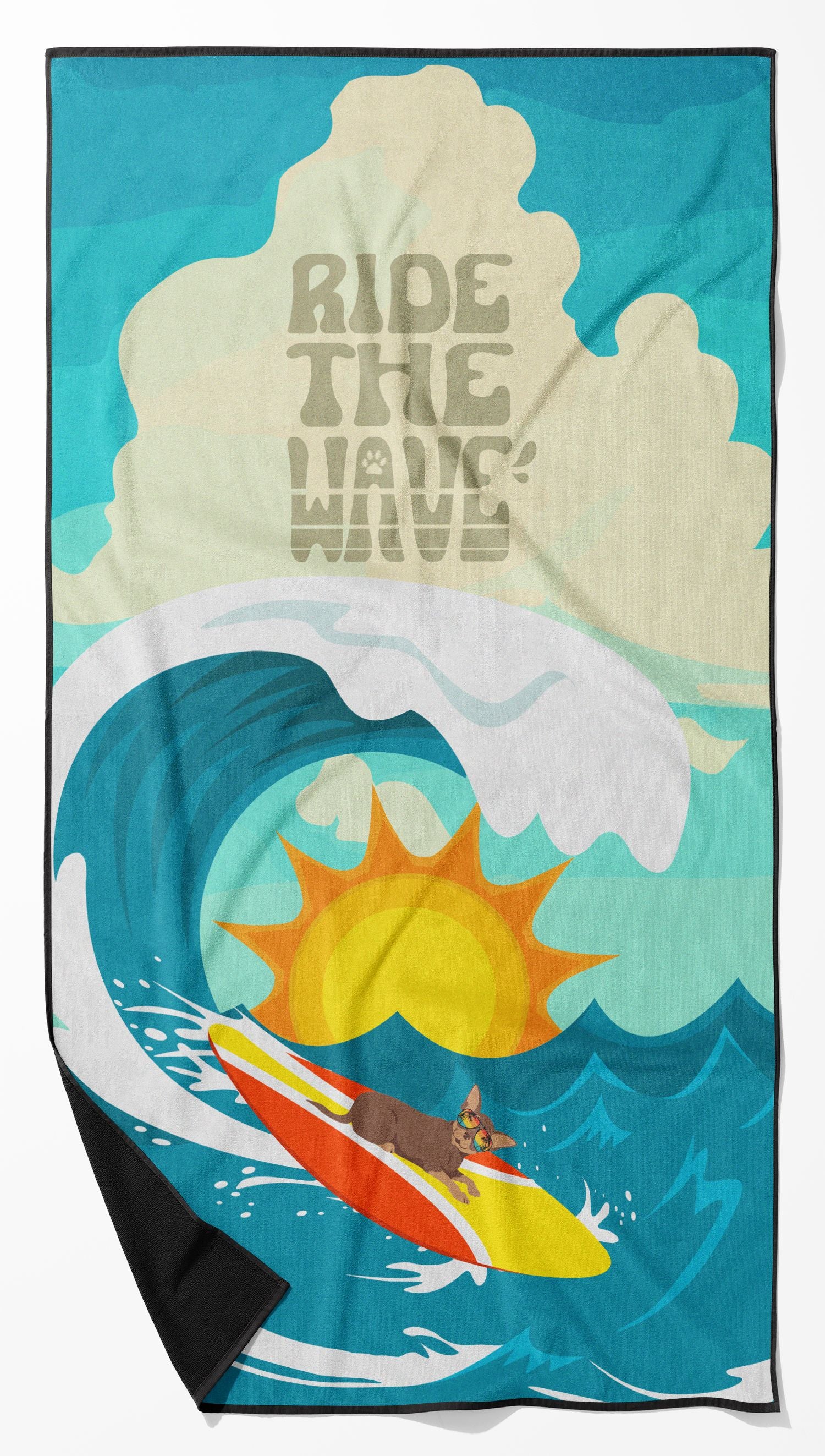 Surfer Dog Chocolate Tan Chihuahua Premium Beach Towel Oversized Towel Beach Blanket, Pool, Beach Essentials, Yoga, Premium Bath Towel, Quick Dry Plush