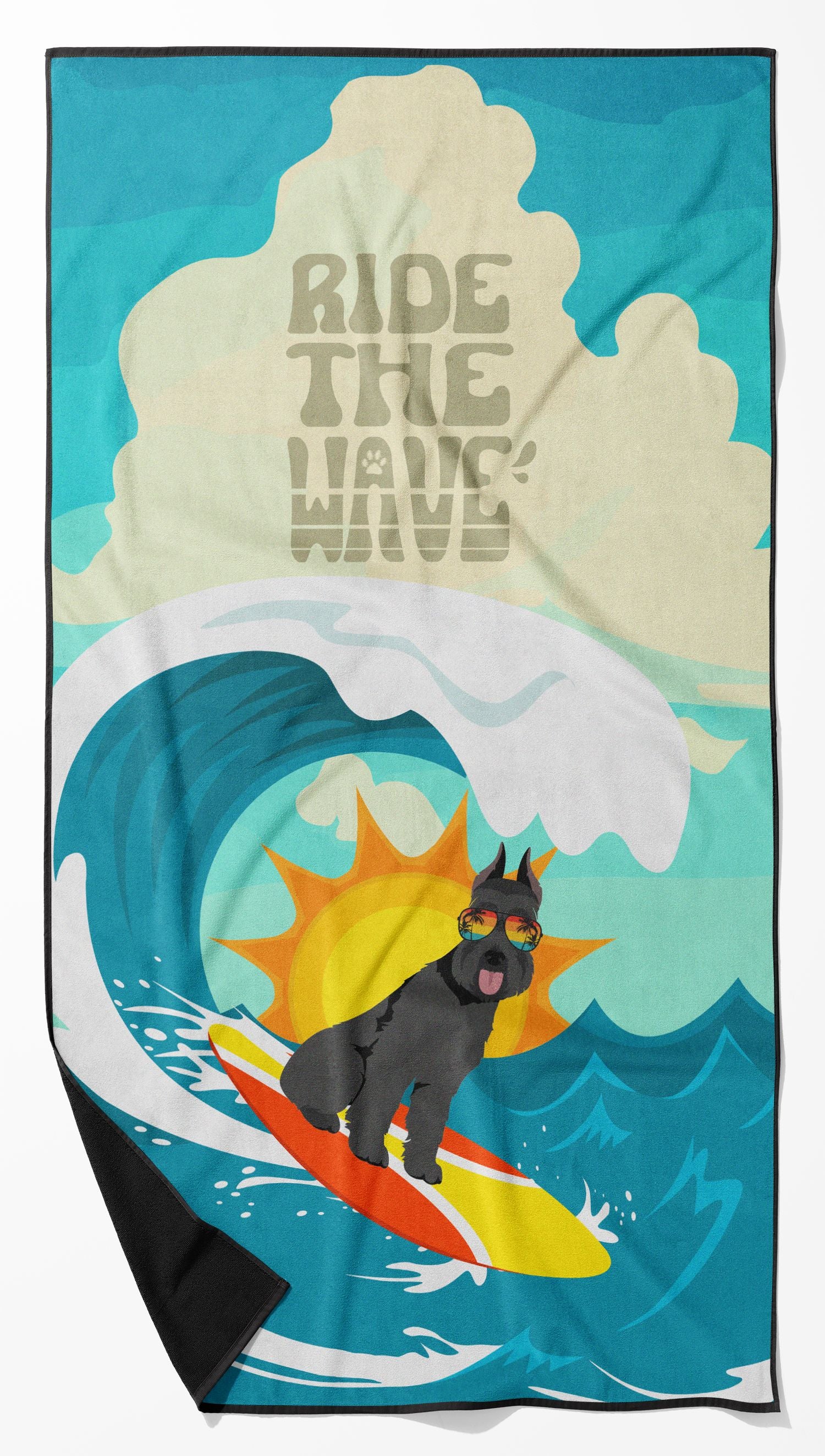 Surfer Dog Black Schnauzer Premium Beach Towel Oversized Towel Beach Blanket, Pool, Beach Essentials, Yoga, Premium Bath Towel, Quick Dry Plush