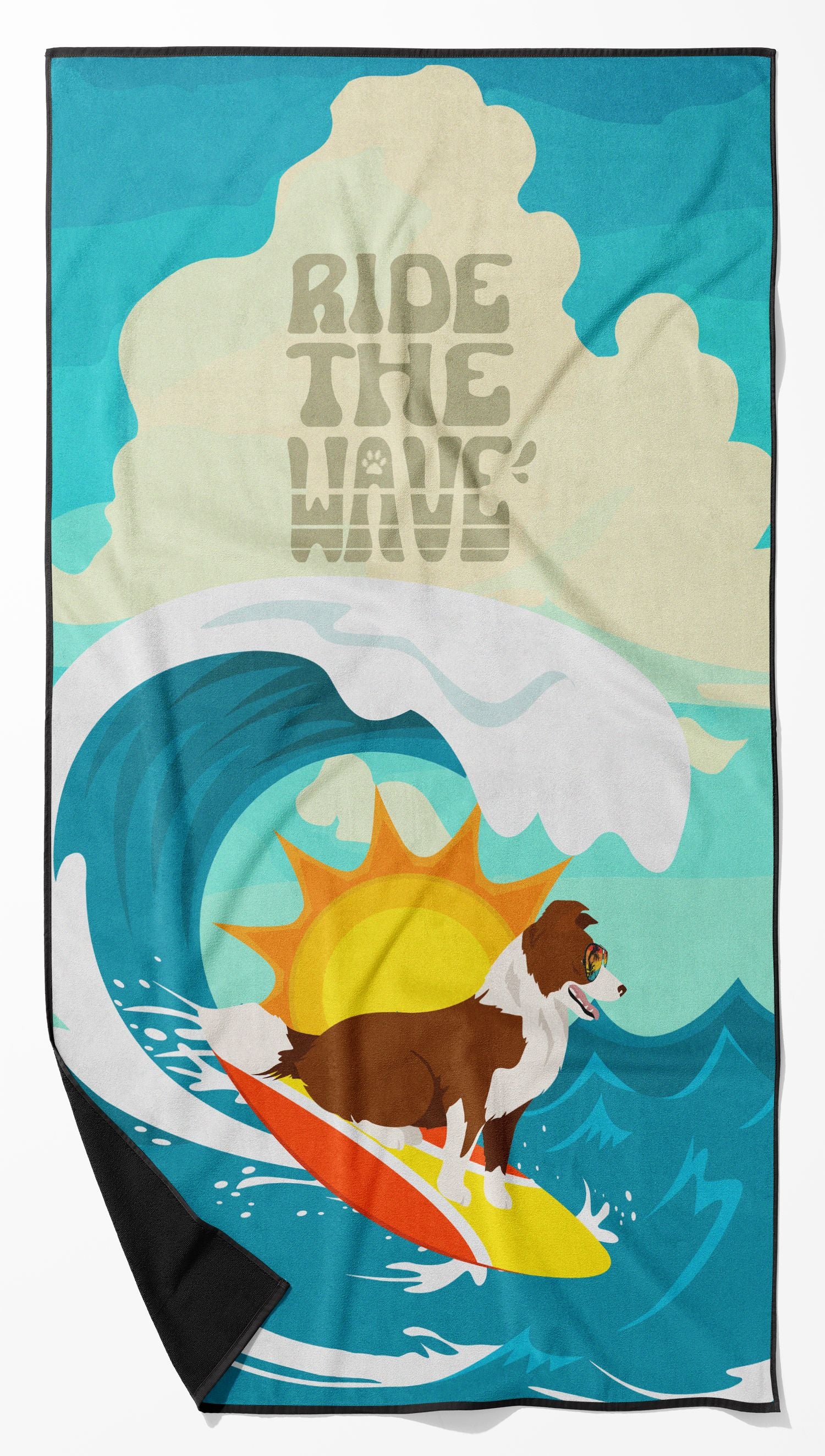 Surfer Dog Red Border Collie Premium Beach Towel Oversized Towel Beach Blanket, Pool, Beach Essentials, Yoga, Premium Bath Towel, Quick Dry Plush