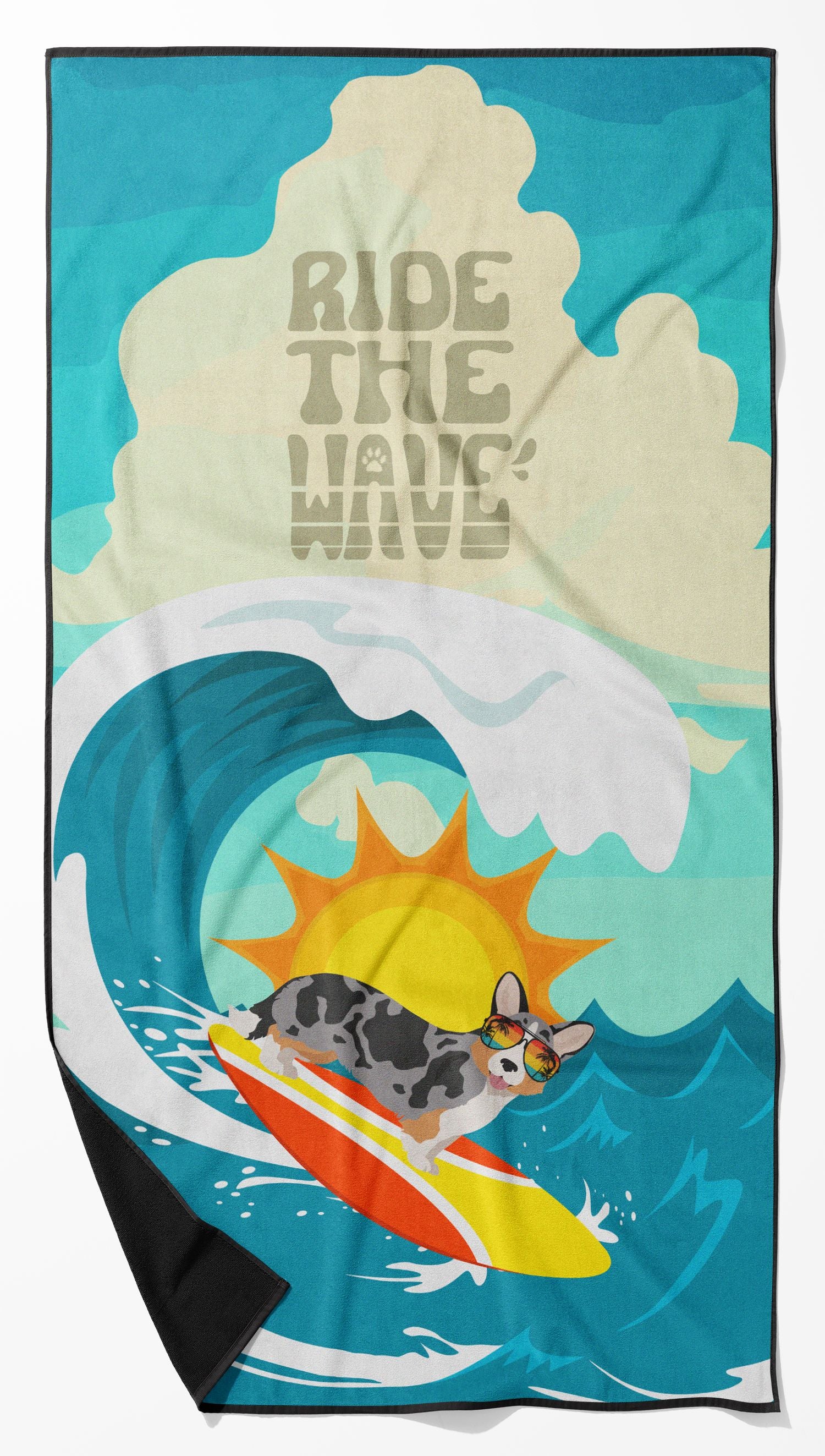 Surfer Dog Blue Merle Cardigan Corgi Premium Beach Towel Oversized Towel Beach Blanket, Pool, Beach Essentials, Yoga, Premium Bath Towel, Quick Dry Plush