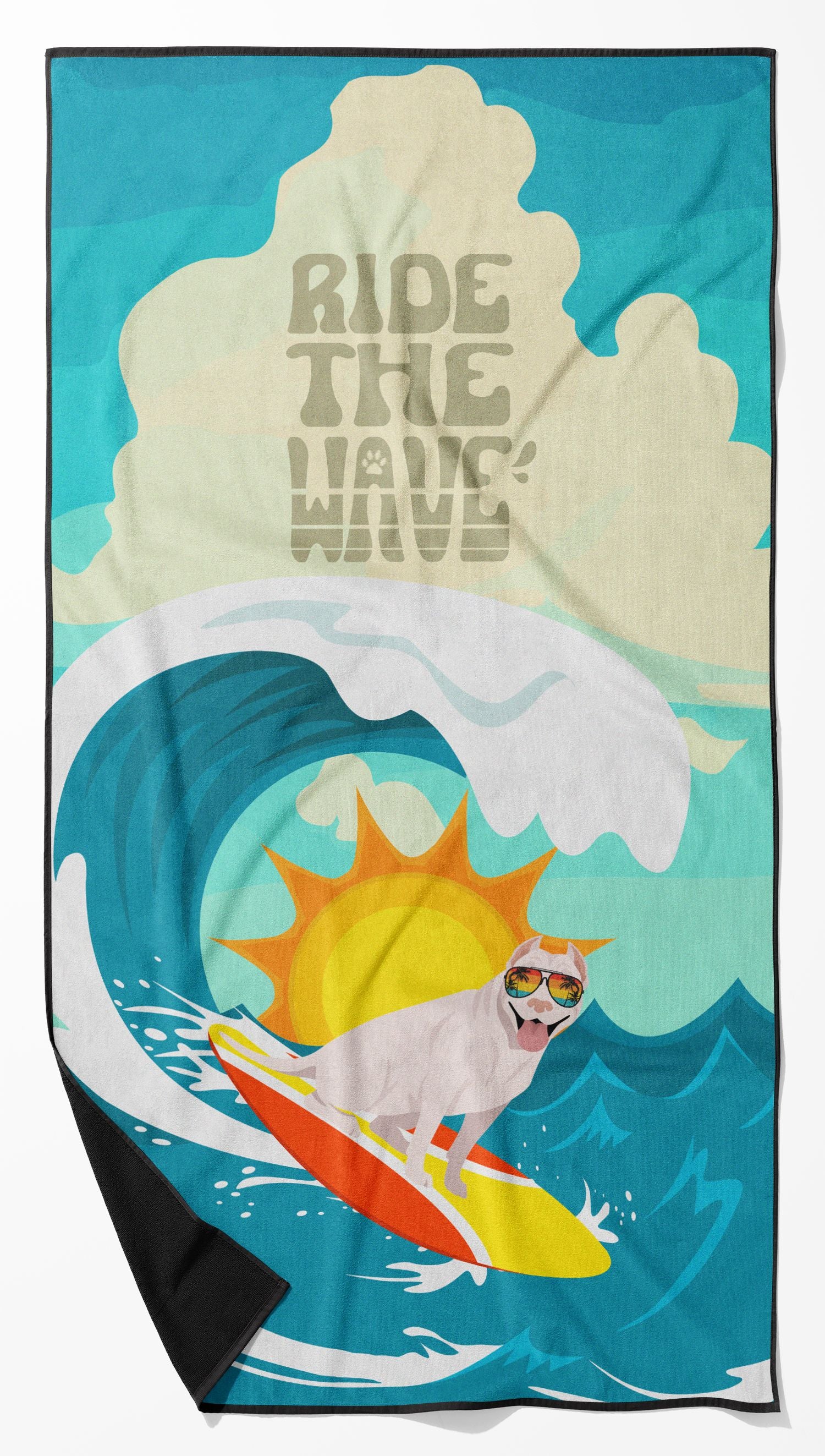 NEW Surfer Dog White Pit Bull Terrier Premium Beach Towel Oversized Towel Beach Blanket, Pool, Beach Essentials, Yoga, Premium Bath Towel, Quick Dry Plush
