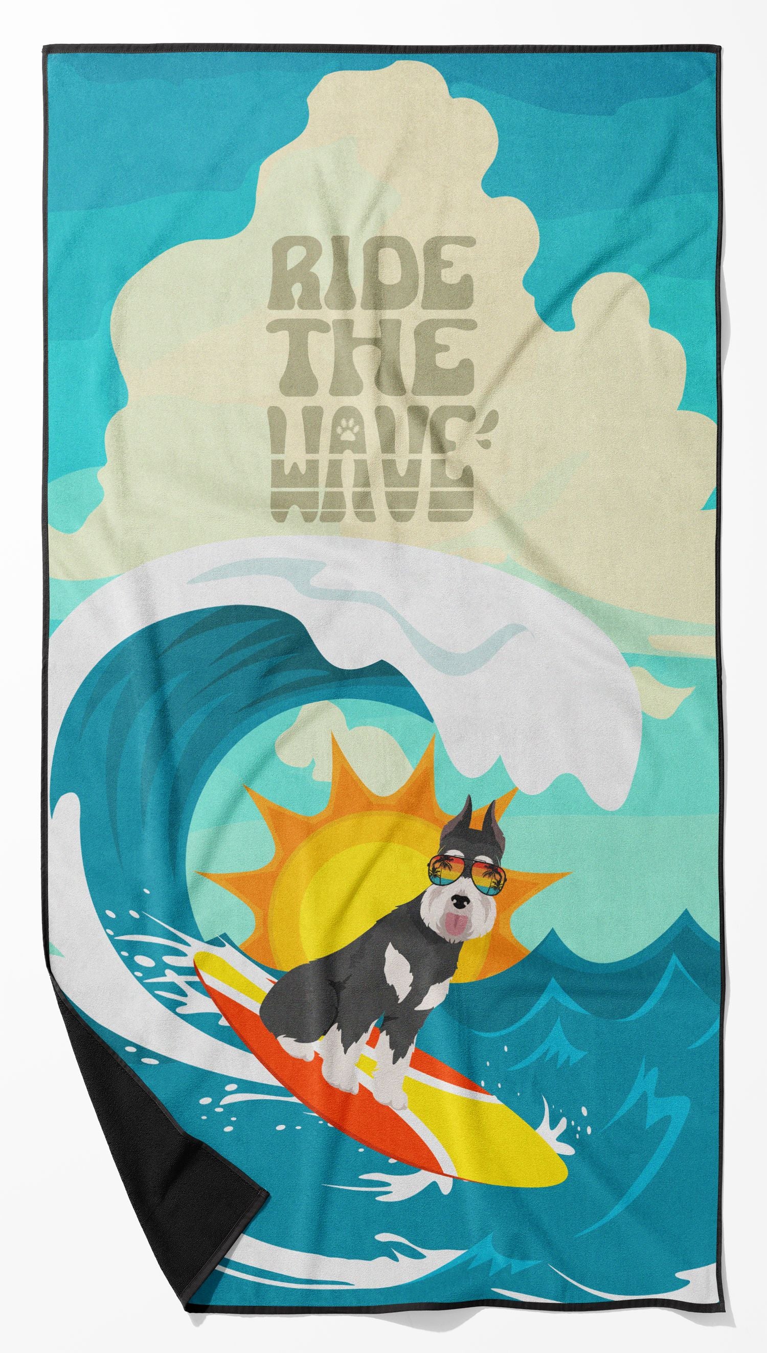 Surfer Dog Black Silver Schnauzer Premium Beach Towel Oversized Towel Beach Blanket, Pool, Beach Essentials, Yoga, Premium Bath Towel, Quick Dry Plush
