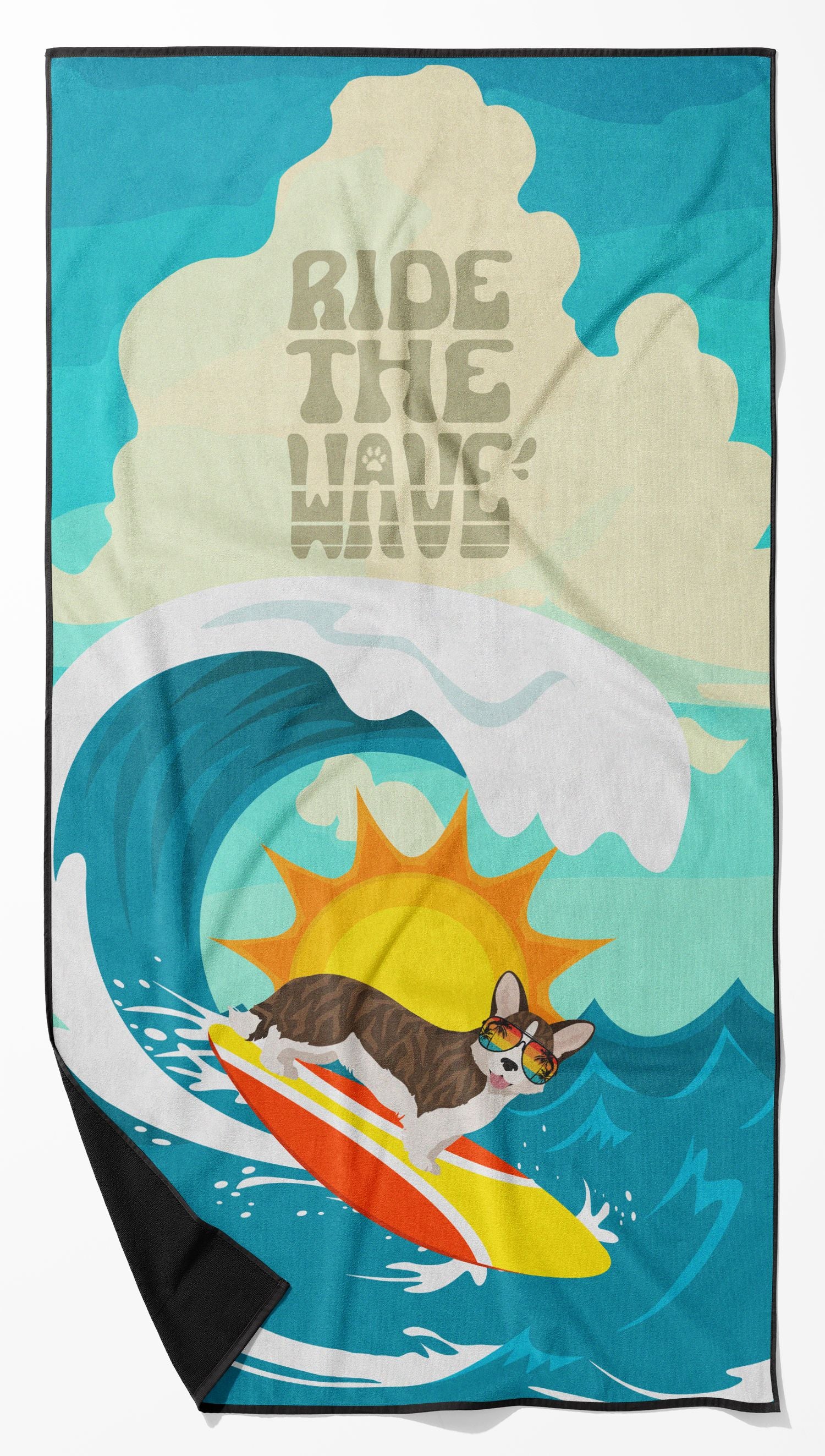 Surfer Dog Brindle Cardigan Corgi Premium Beach Towel Oversized Towel Beach Blanket, Pool, Beach Essentials, Yoga, Premium Bath Towel, Quick Dry Plush