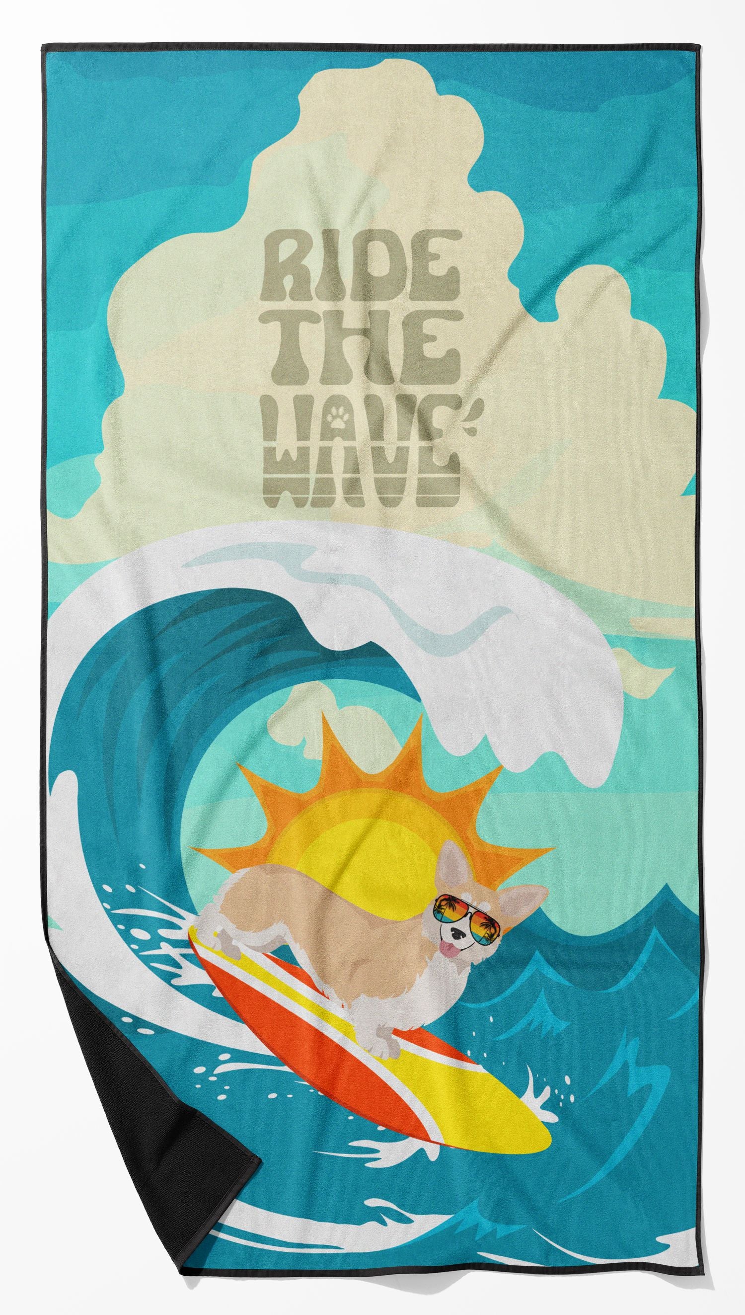 Surfer Dog Fawn Pembroke Corgi Premium Beach Towel Oversized Towel Beach Blanket, Pool, Beach Essentials, Yoga, Premium Bath Towel, Quick Dry Plush