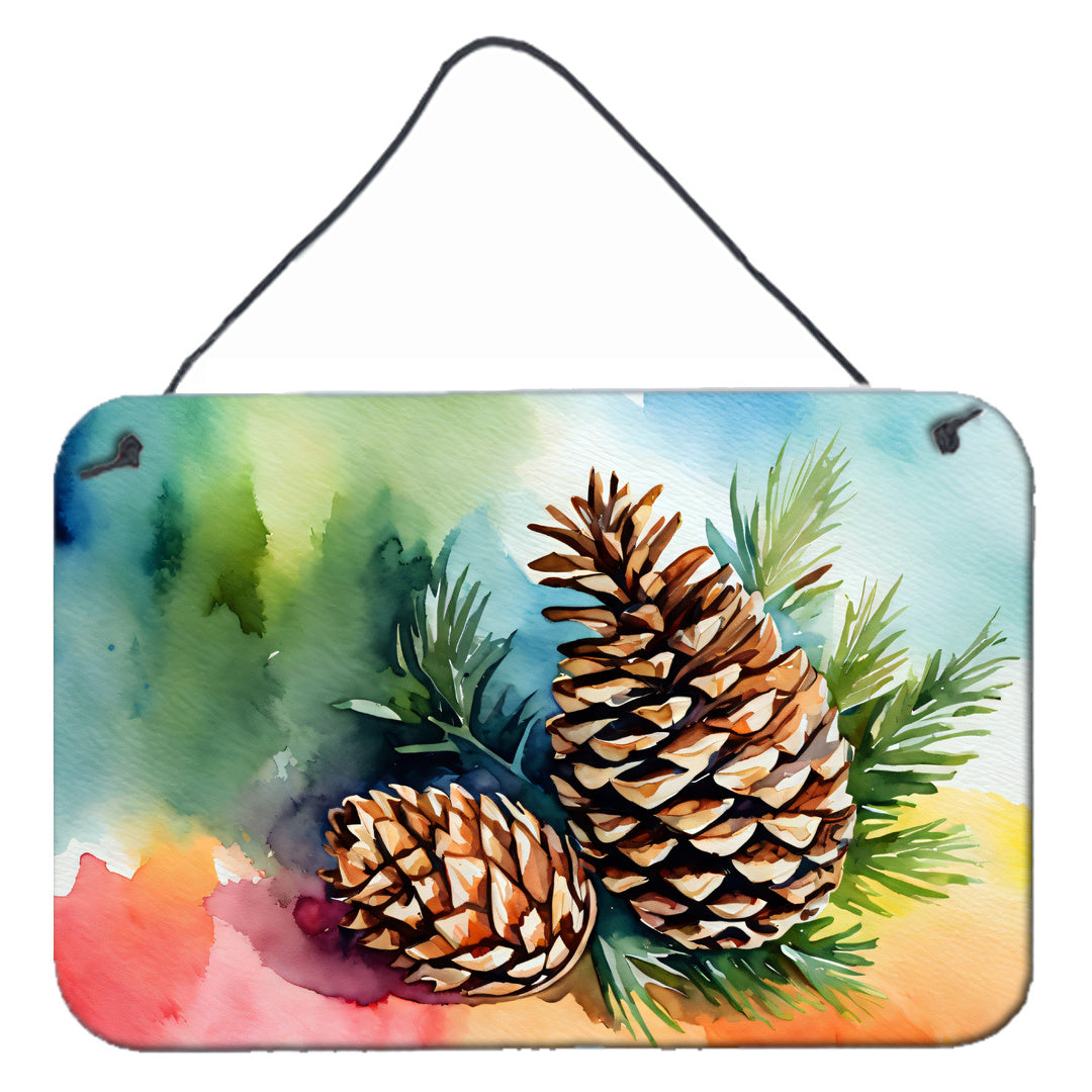 NEW Maine White Pine Cone and Tassels in Watercolor Wall or Door Hanging Prints Aluminum Metal Sign Kitchen Wall Bar Bathroom Plaque Home Decor, 8HX12W, Multicolor