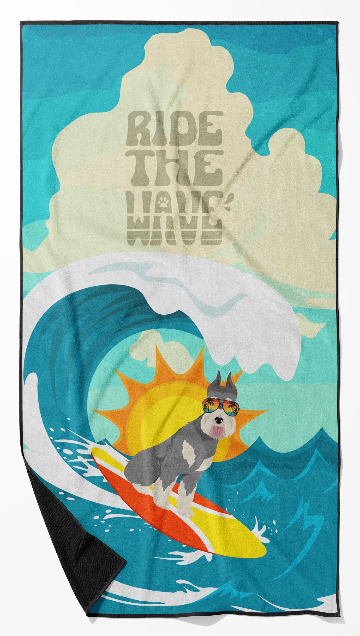 Surfer Dog Schnauzer Premium Beach Towel Oversized Towel Beach Blanket, Pool, Beach Essentials, Yoga, Premium Bath Towel, Quick Dry Plush