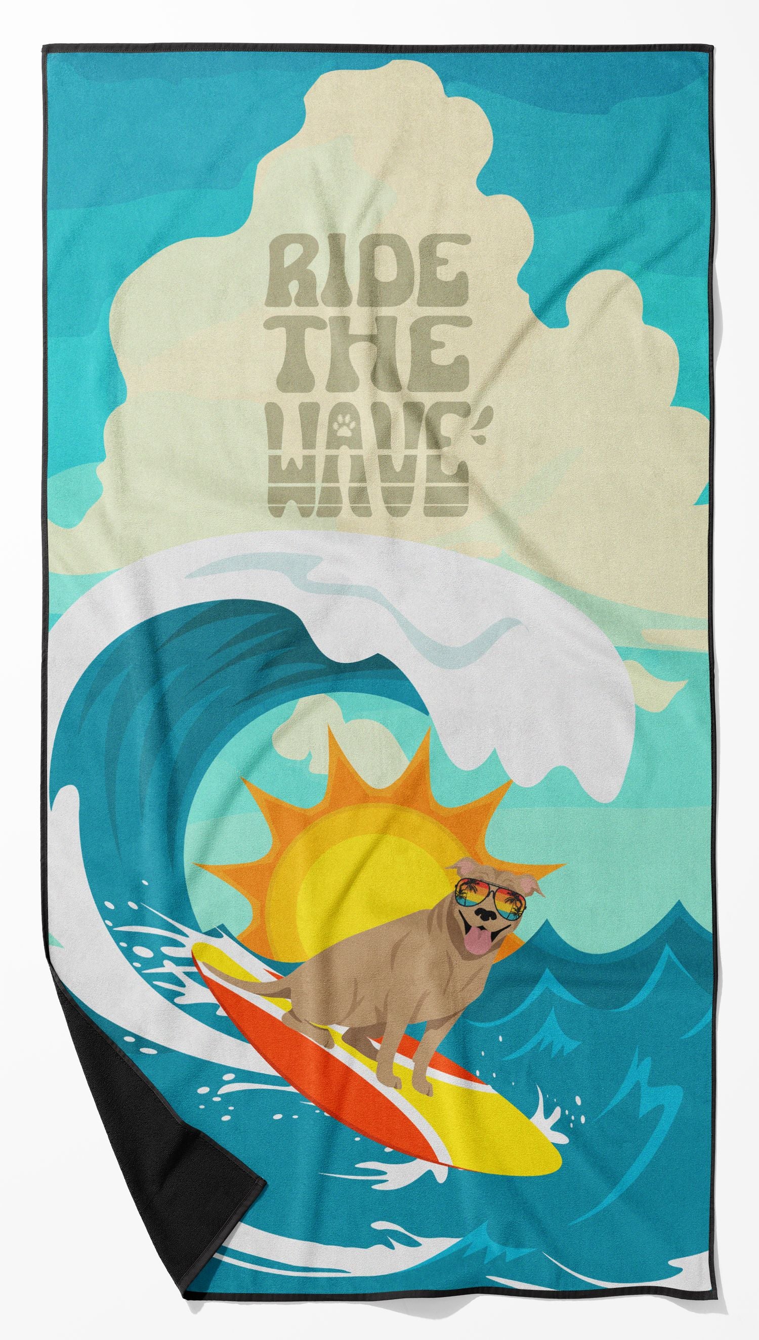 NEW Surfer Dog Tan Pit Bull Terrier Premium Beach Towel Oversized Towel Beach Blanket, Pool, Beach Essentials, Yoga, Premium Bath Towel, Quick Dry Plush