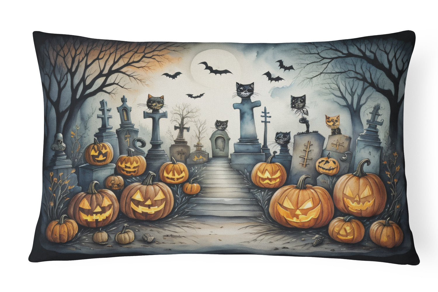 NEW More Spooky Halloween Throw Pillow Throw Pillow for Indoor Couch Bed Outdoor Patio Washable, Cat Cemetery 2271,12Hx16W