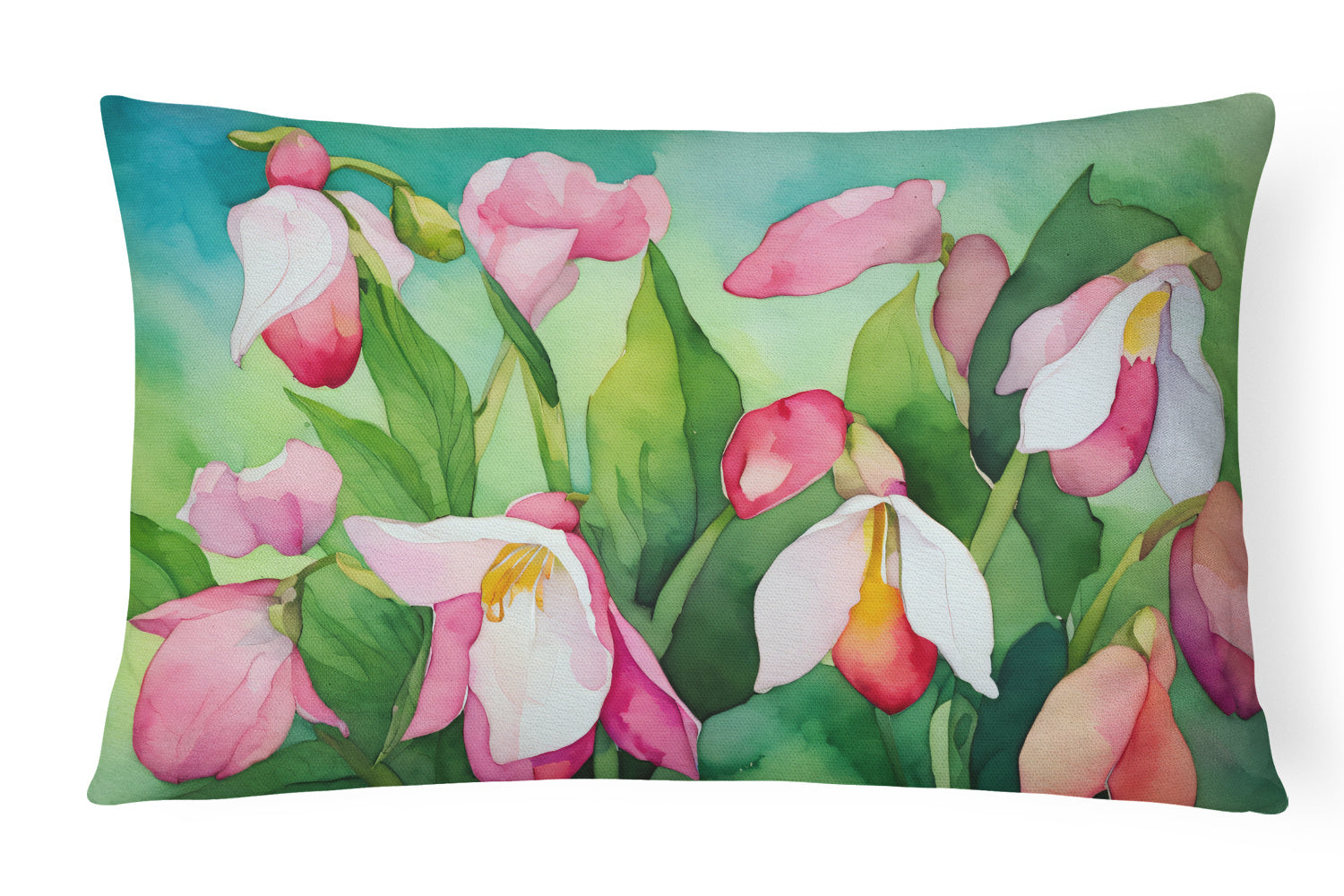 State Watercolor Flowers Throw Pillow Throw Pillow for Indoor Couch Bed Outdoor Patio Washable, Minnesota Pink and White Lady s Slippers 1674,12Hx16W