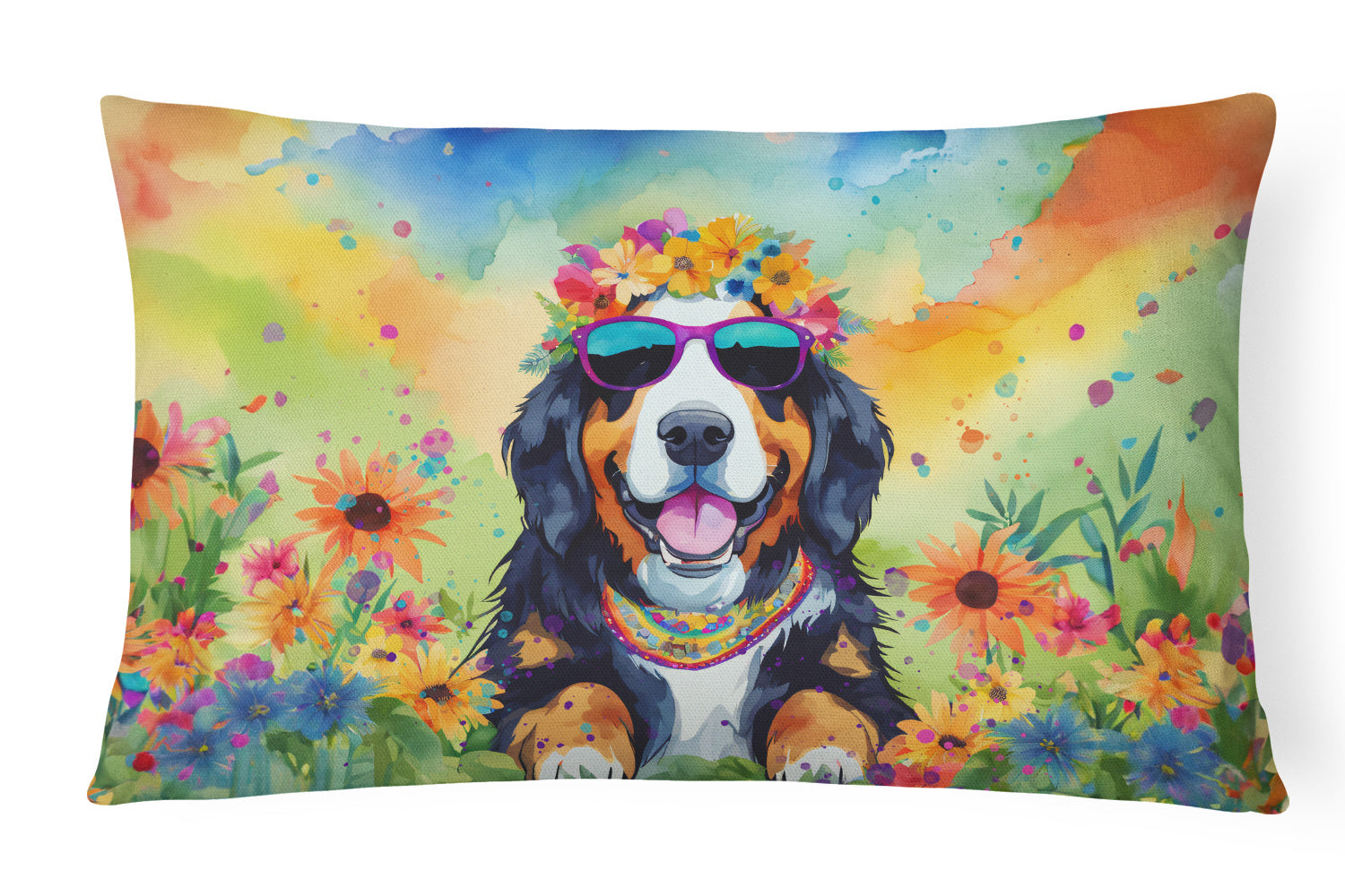 Hippie Dawg Throw Pillow Throw Pillow for Indoor Couch Bed Outdoor Patio Washable, Bernese Mountain Dog 2458,12Hx16W