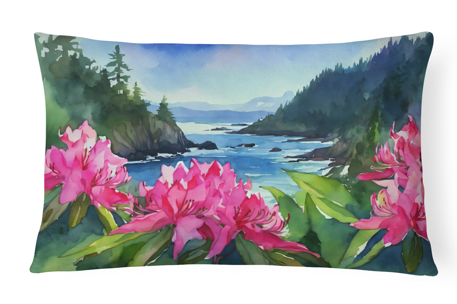 NEW State Watercolor Flowers Throw Pillow Throw Pillow for Indoor Couch Bed Outdoor Patio Washable, Washington Coast Rhododendrons 1715,12Hx16W