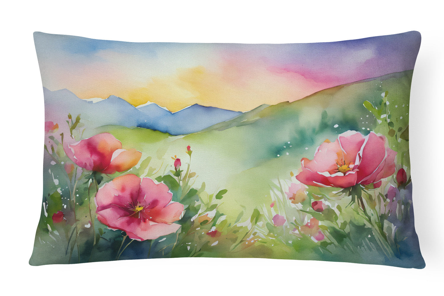 State Watercolor Flowers Throw Pillow Throw Pillow for Indoor Couch Bed Outdoor Patio Washable, North Dakota Wild Prairie Roses 1695,12Hx16W