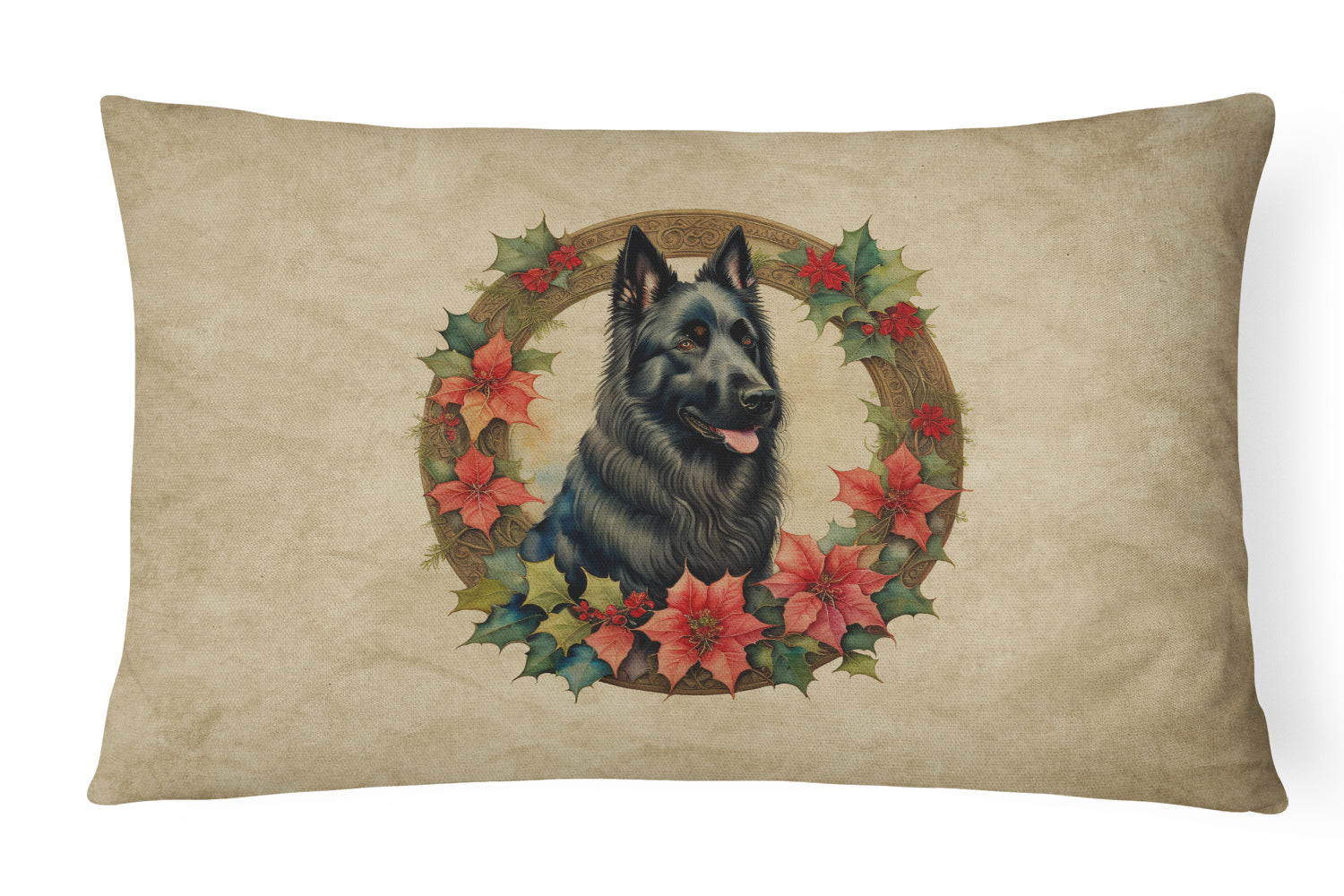 Christmas Flowers Frame Throw Pillow Throw Pillow for Indoor Couch Bed Outdoor Patio Washable, Belgian Sheepdog 2317,12Hx16W