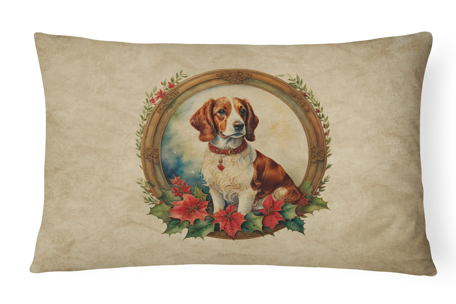 Christmas Flowers Frame Throw Pillow Throw Pillow for Indoor Couch Bed Outdoor Patio Washable, Brittany Spaniel 2333,12Hx16W