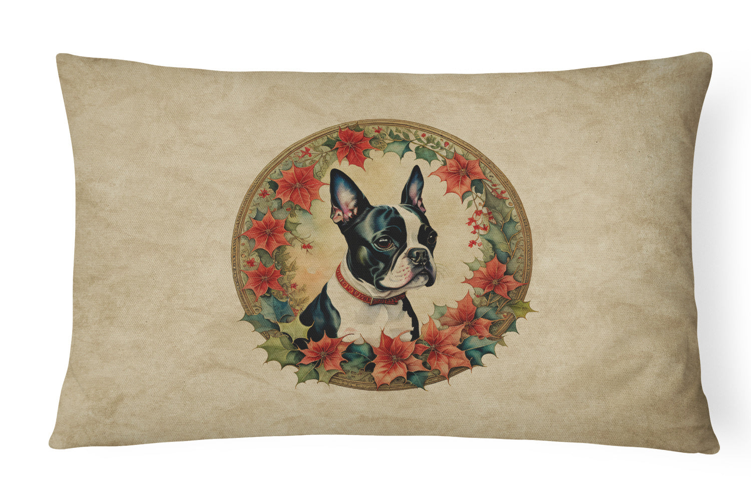 Christmas Flowers Frame Throw Pillow Throw Pillow for Indoor Couch Bed Outdoor Patio Washable, Boston Terrier 2327,12Hx16W