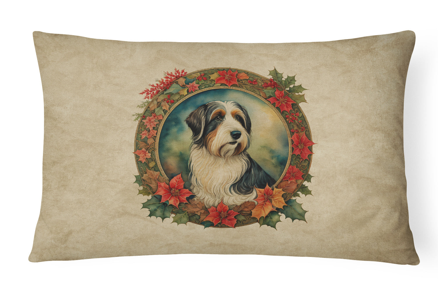 Christmas Flowers Frame Throw Pillow Throw Pillow for Indoor Couch Bed Outdoor Patio Washable, Bearded Collie 2315,12Hx16W