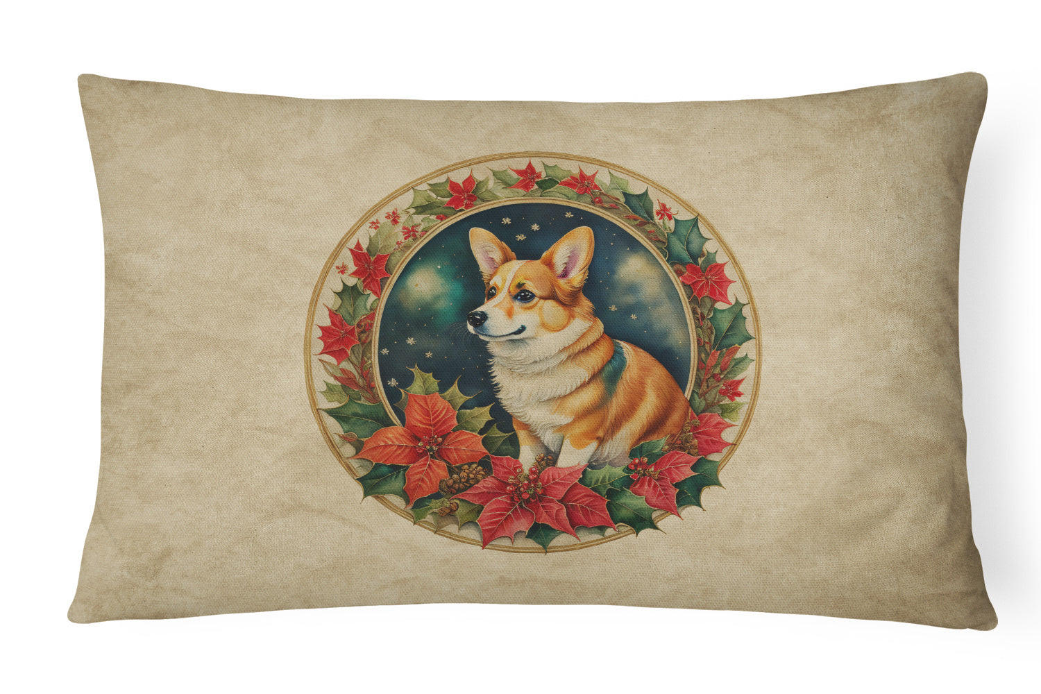 Christmas Flowers Frame Throw Pillow Throw Pillow for Indoor Couch Bed Outdoor Patio Washable, Corgi 2349,12Hx16W